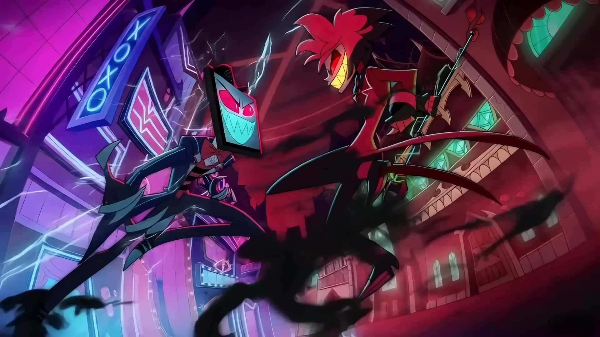  壁紙 — 兩個動畫角色在霓虹燈照亮的城市小巷中碰撞，發光的招牌和電火花四濺。