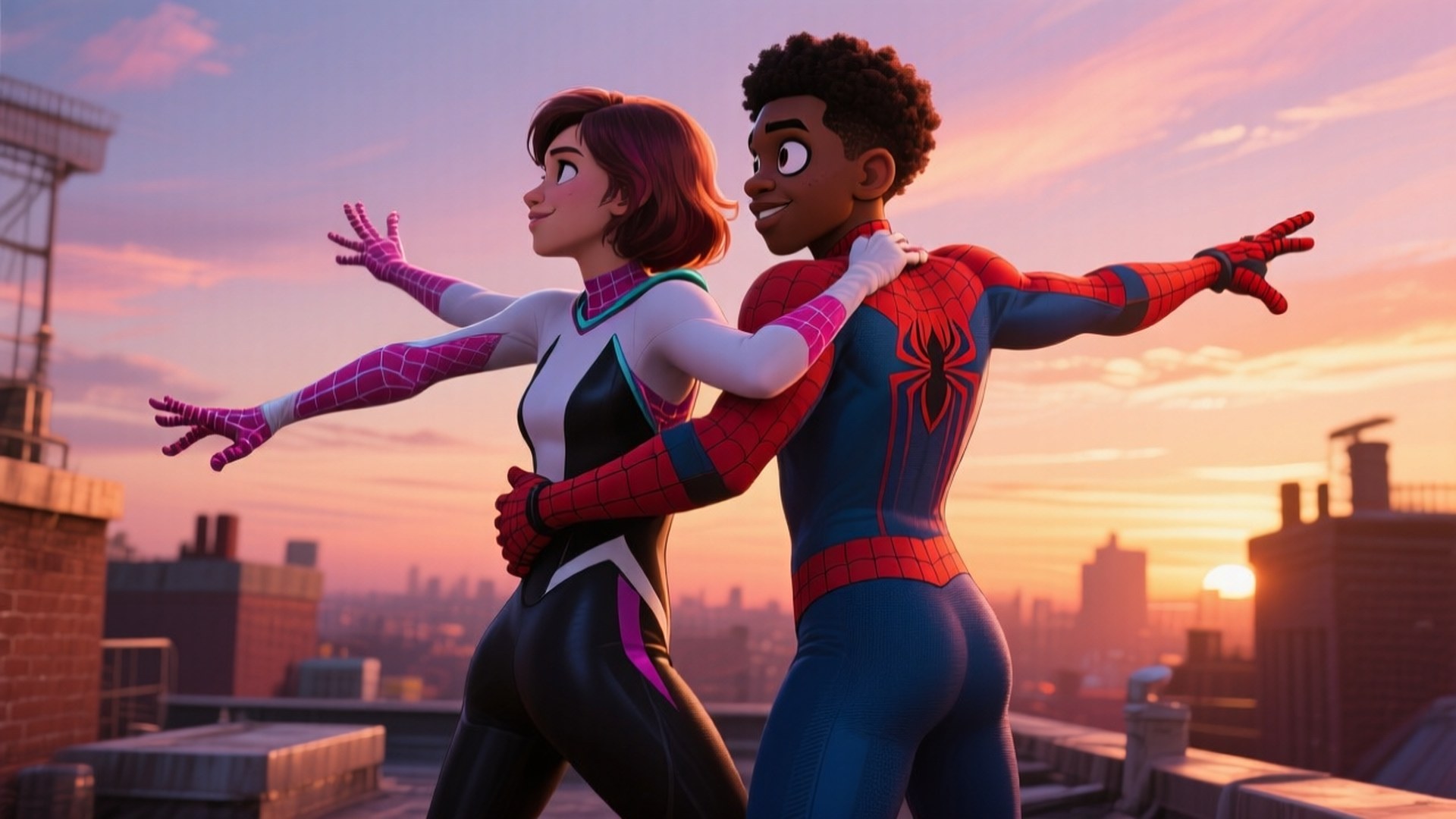 Amazing Team-Up 壁紙 — 兩個動畫超級英雄在日落時分背對背站在屋頂上，張開雙臂俯瞰城市天際線。