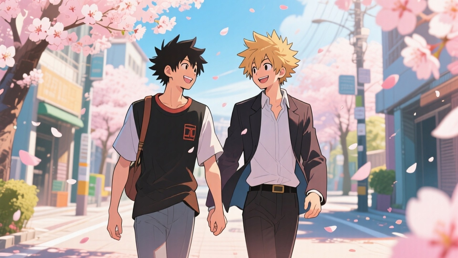 Mentor and Disciple Walk 壁紙 — 兩個動漫男孩手牽手走在櫻花街上，粉紅花瓣飄落。