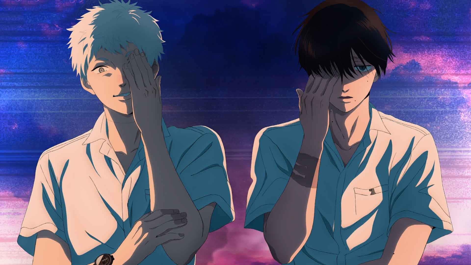  壁紙 — 兩個穿著藍色襯衫的動漫男孩在充滿活力的紫色和藍色天空下遮住眼睛。