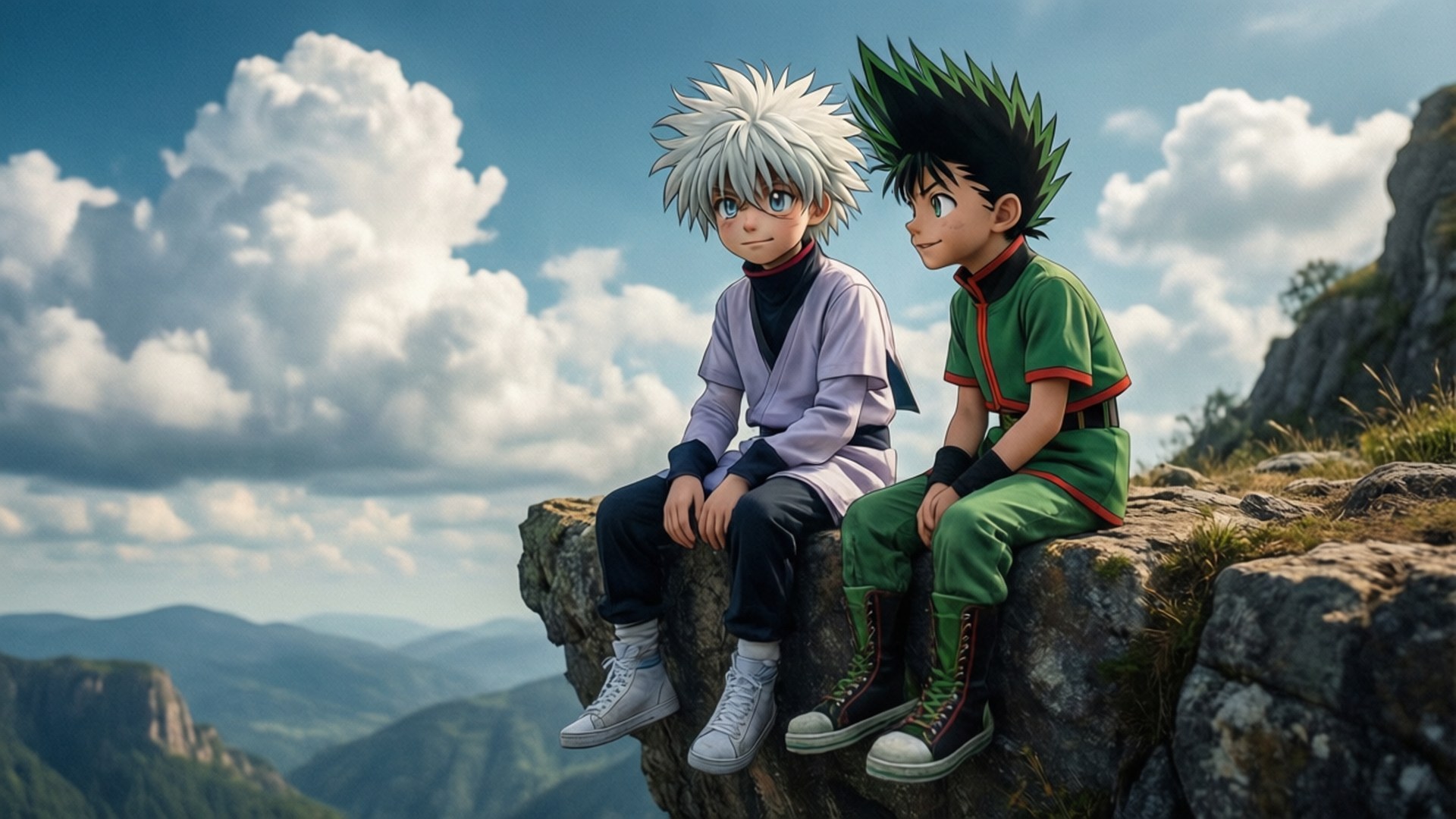 Gon and Killua Cloud Watching 壁紙 — 兩個動漫男孩，頭髮尖尖，並肩坐在岩石懸崖邊緣，俯瞰廣闊的山谷，天空湛藍，白雲朵朵。