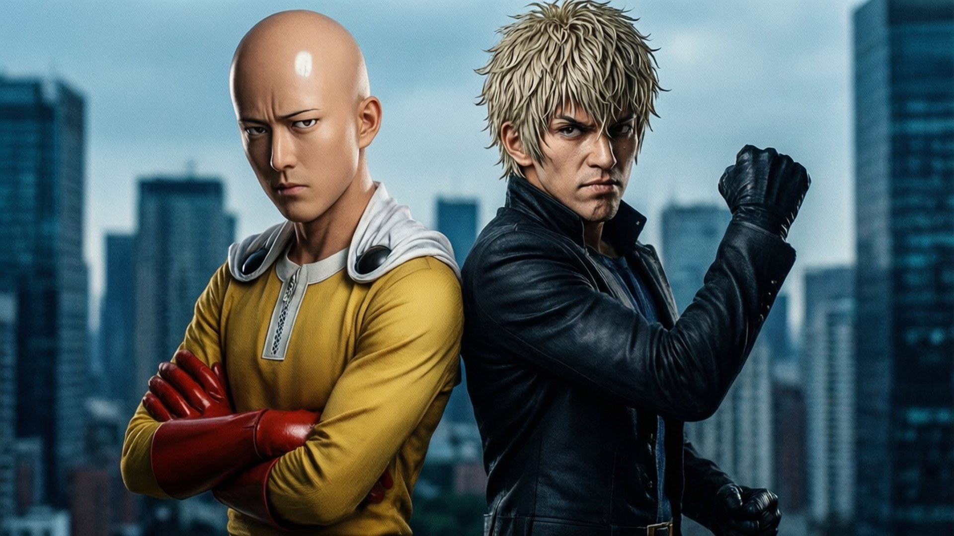 Duo Back to Back 壁紙 — 兩個動漫角色在都市景觀中背對背站立，一個穿著黃色西裝配紅色手套，另一個穿著黑色皮夾克，拳頭緊握。