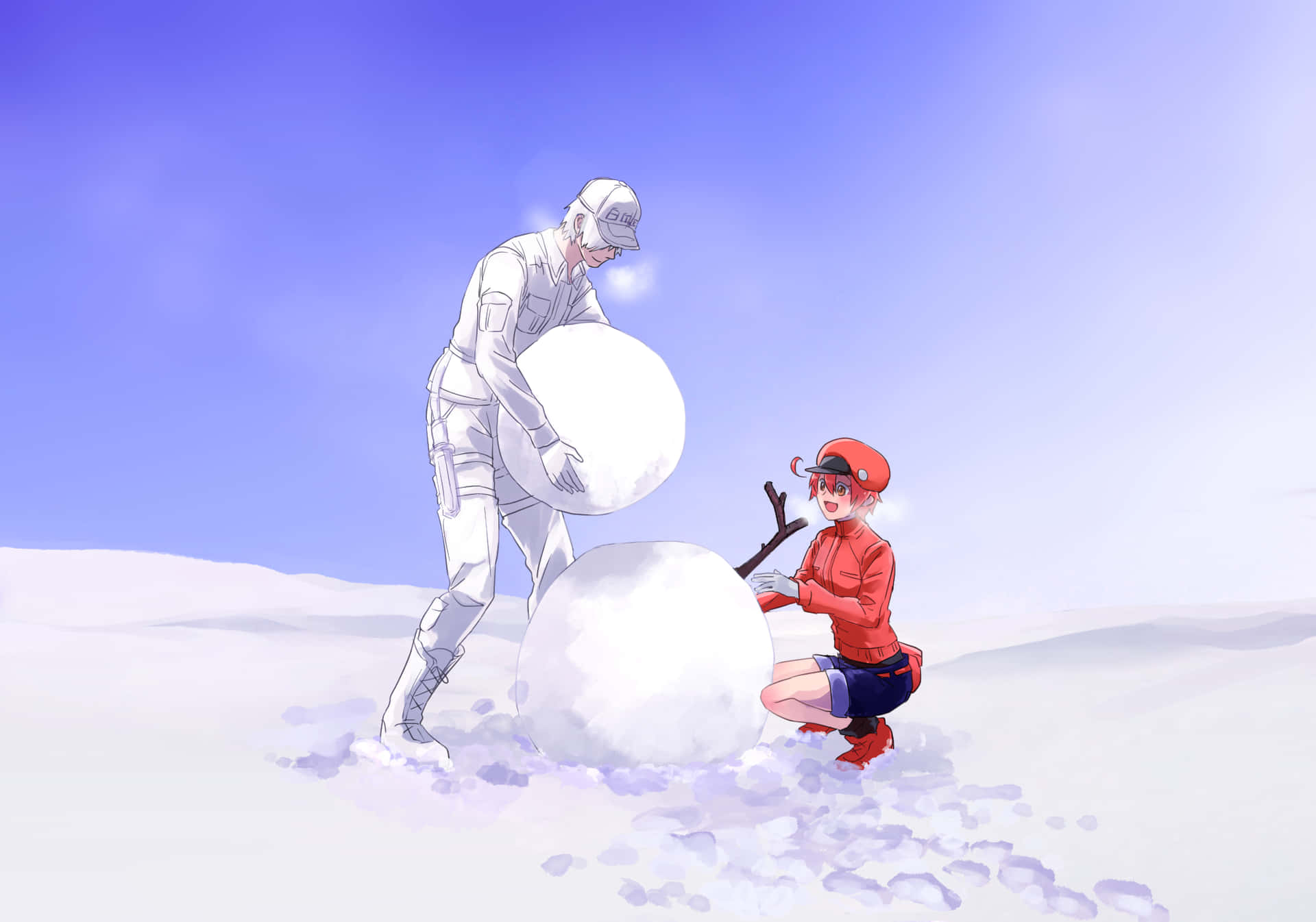  壁紙 — 兩個動漫角色在晴朗藍天下廣闊的雪地裡堆雪人。