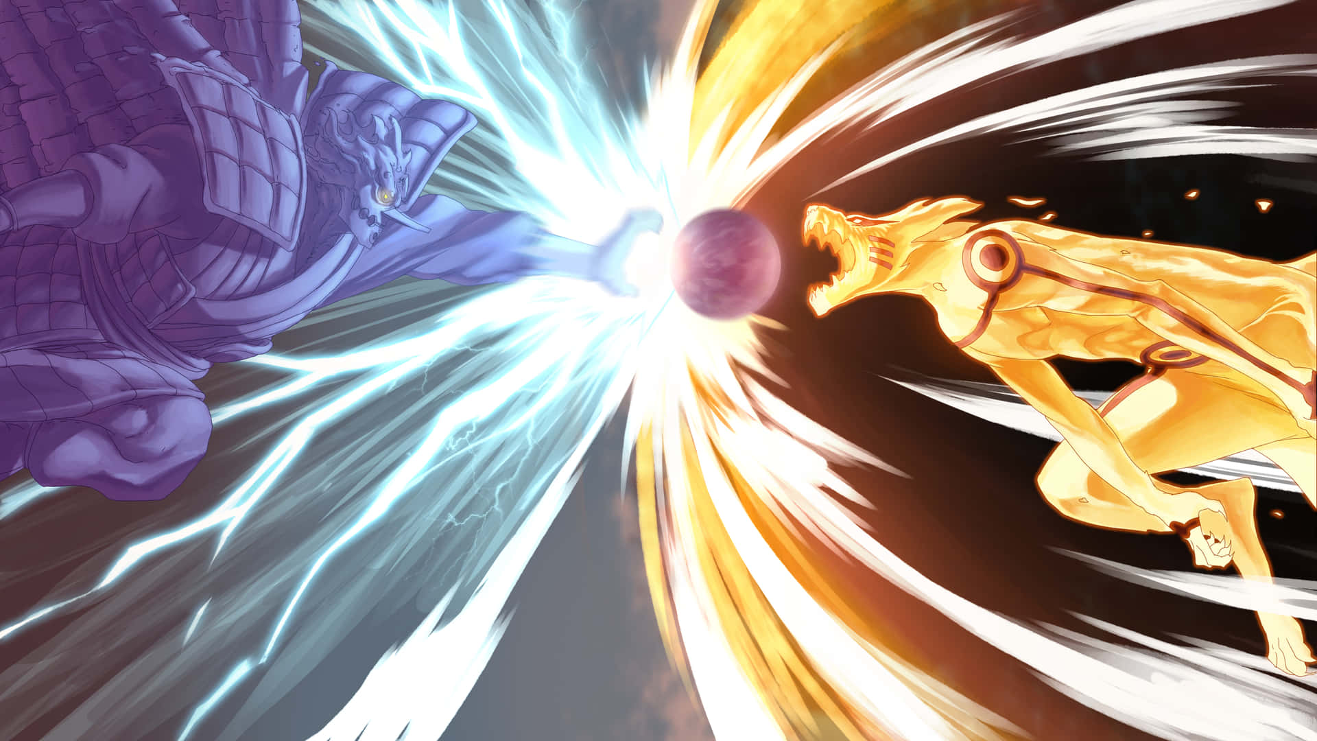 兩個動漫戰士在藍色和金色能量的爆發中碰撞。 — Sasuke 壁紙