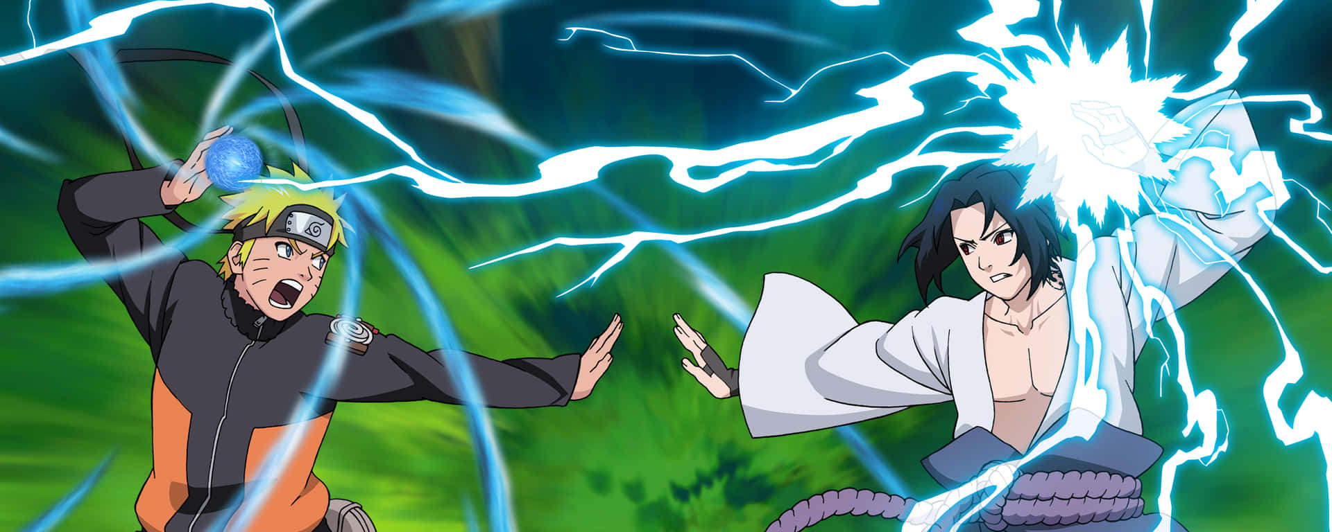  壁紙 — 兩個動漫角色在充滿活力的綠色森林戰鬥場景中，伴隨著劈啪作響的藍色閃電碰撞。