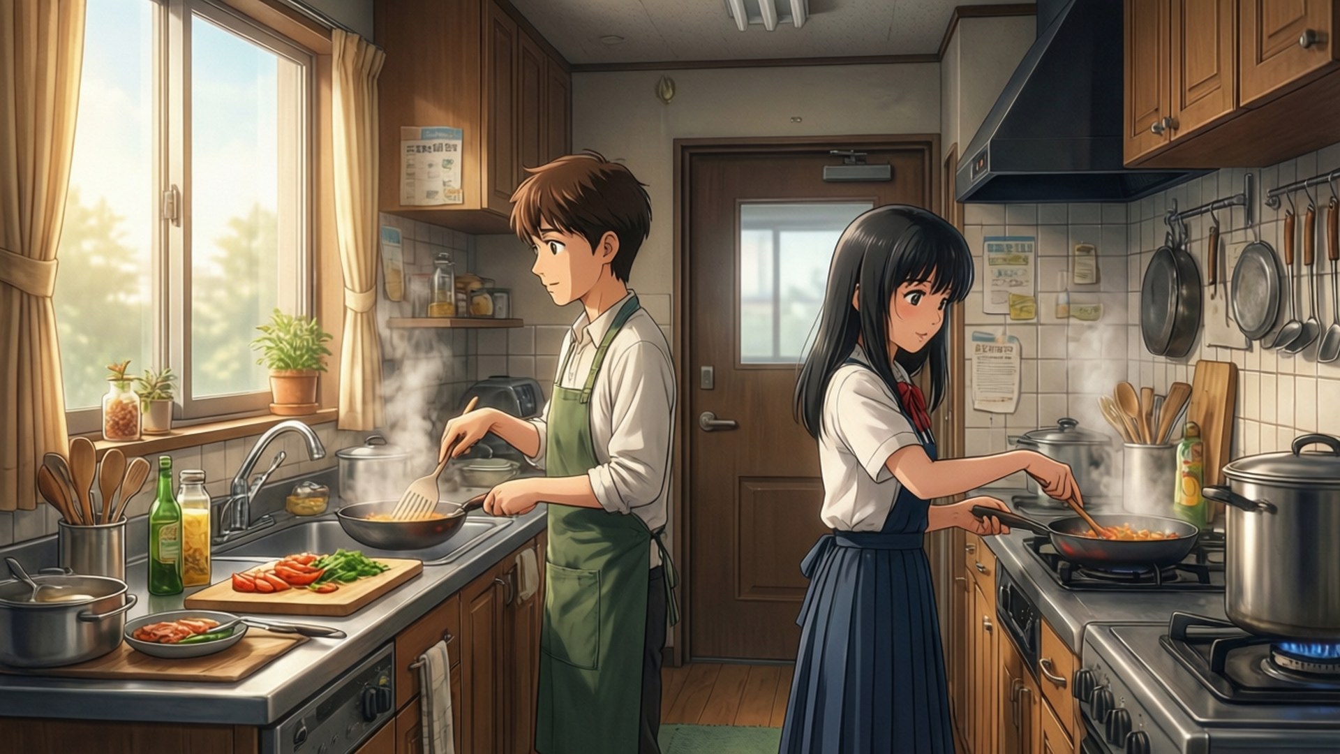 Polar Star Kitchen 壁紙 — 兩個動漫角色在陽光明媚的木製廚房裡一起做飯，鍋中升起蒸氣，自然光透過窗戶照射進來。