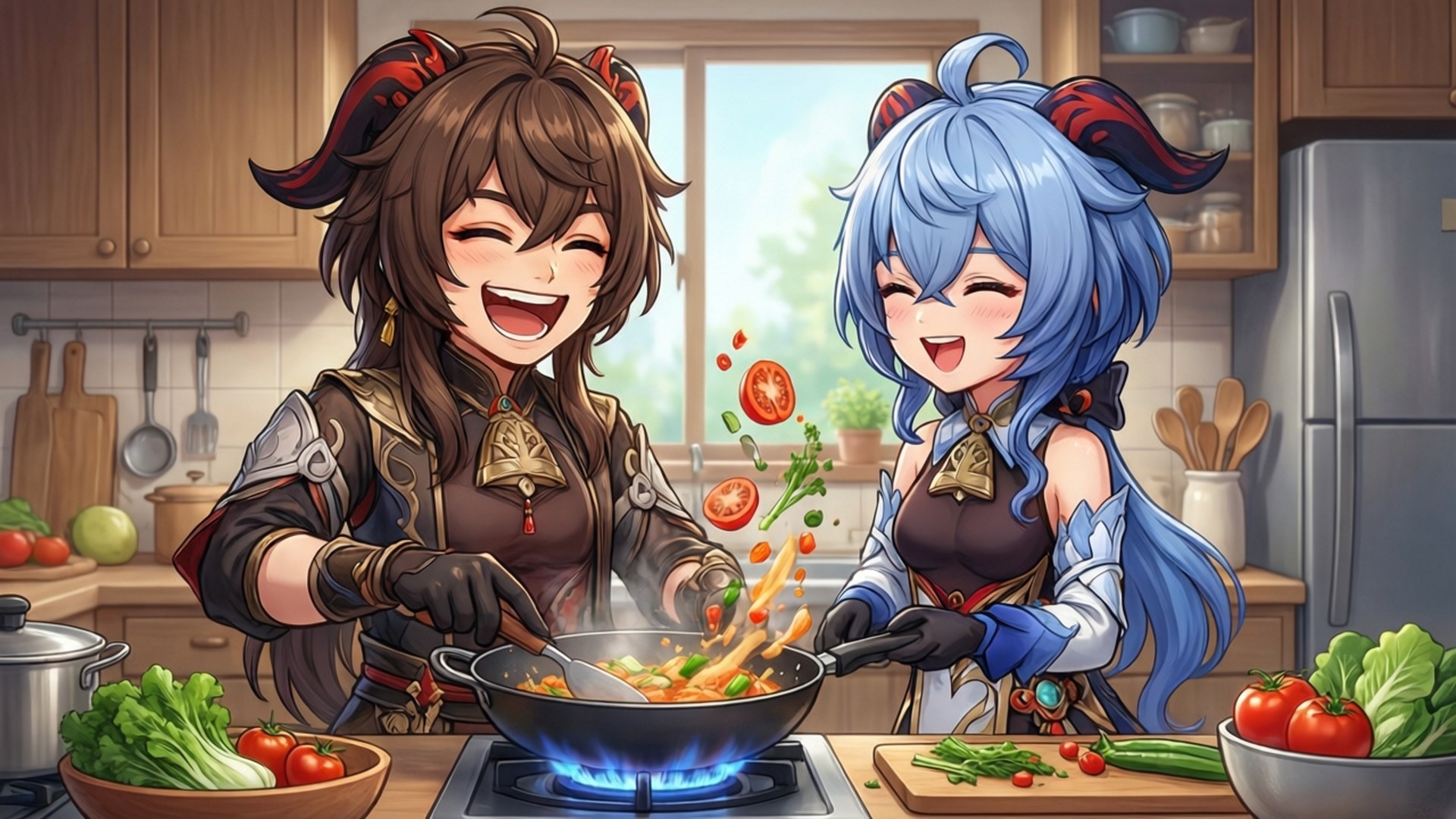 Cooking with Xiangling 壁紙 — 兩個動漫風格的角色在陽光明媚的廚房裡，在藍色火焰上滋滋作響的炒鍋中愉快地烹飪色彩繽紛的蔬菜。