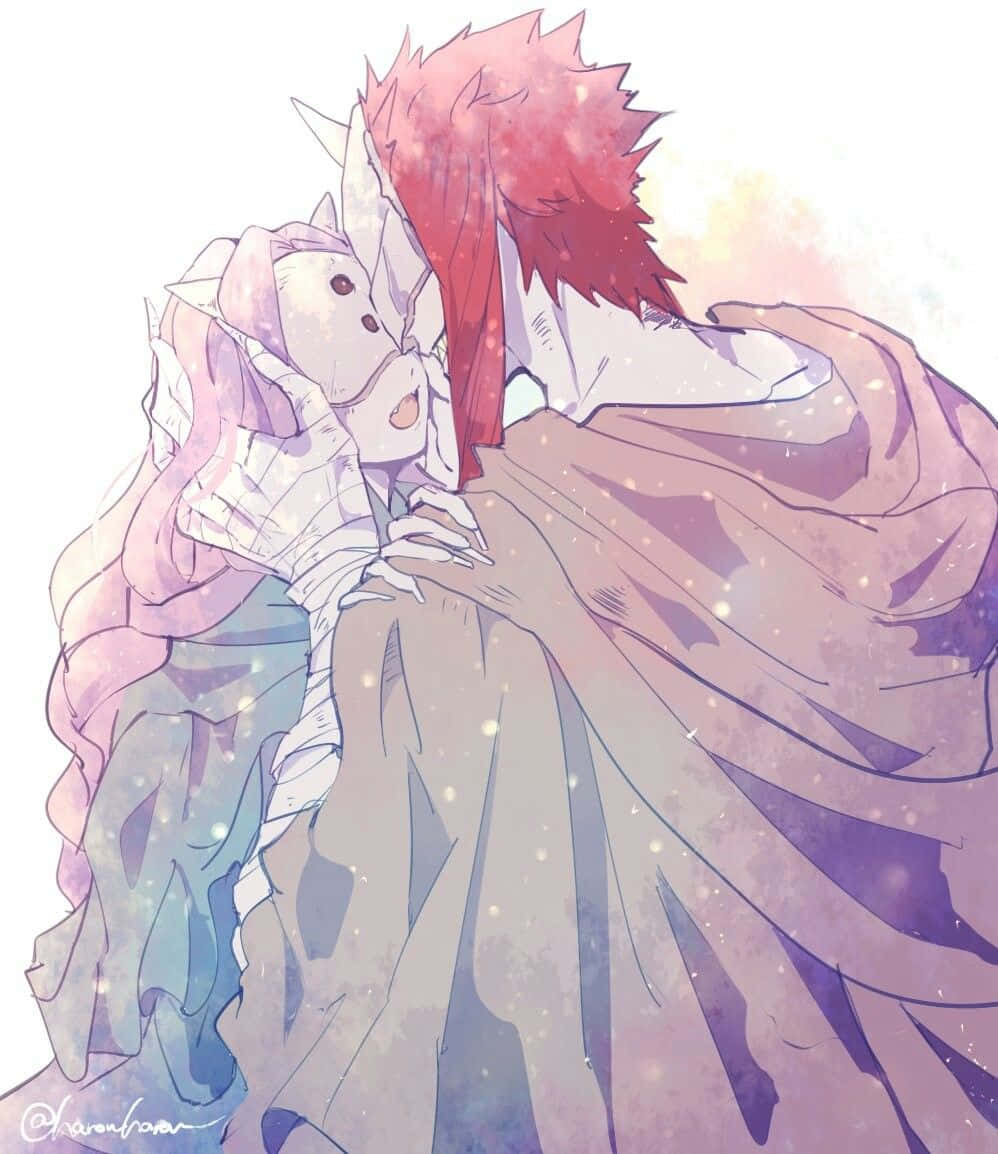 The Promised Neverland Sonju 桌布 壁紙 — 兩個動漫角色在柔和發光的背景中，伴隨著漂浮的閃光，溫柔地擁抱在一起。