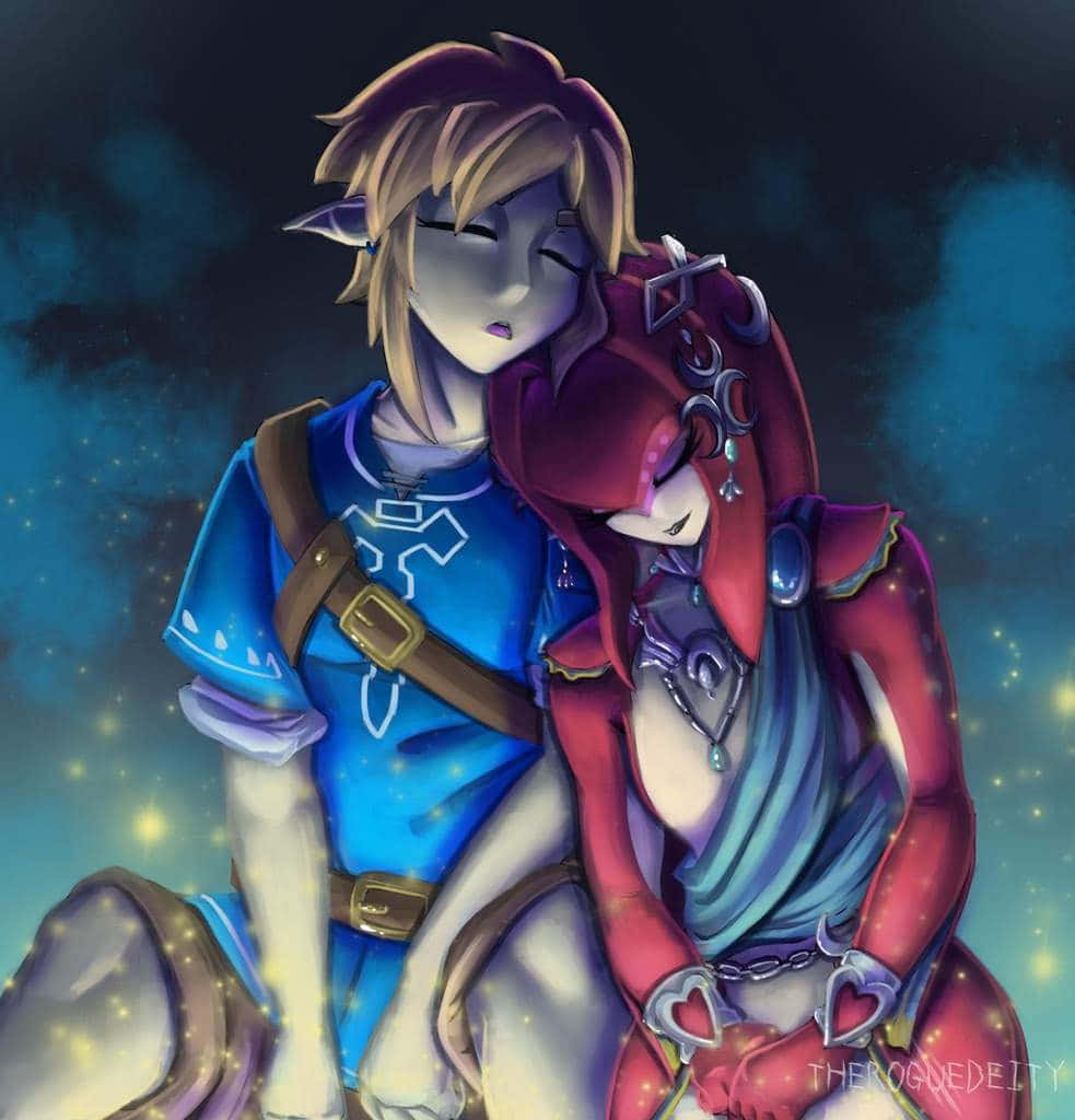 The Legend Of Zelda Mipha 桌布 壁紙 — 兩個動漫角色在閃爍著柔和藍色和金色光芒的星空宇宙背景下溫柔擁抱。