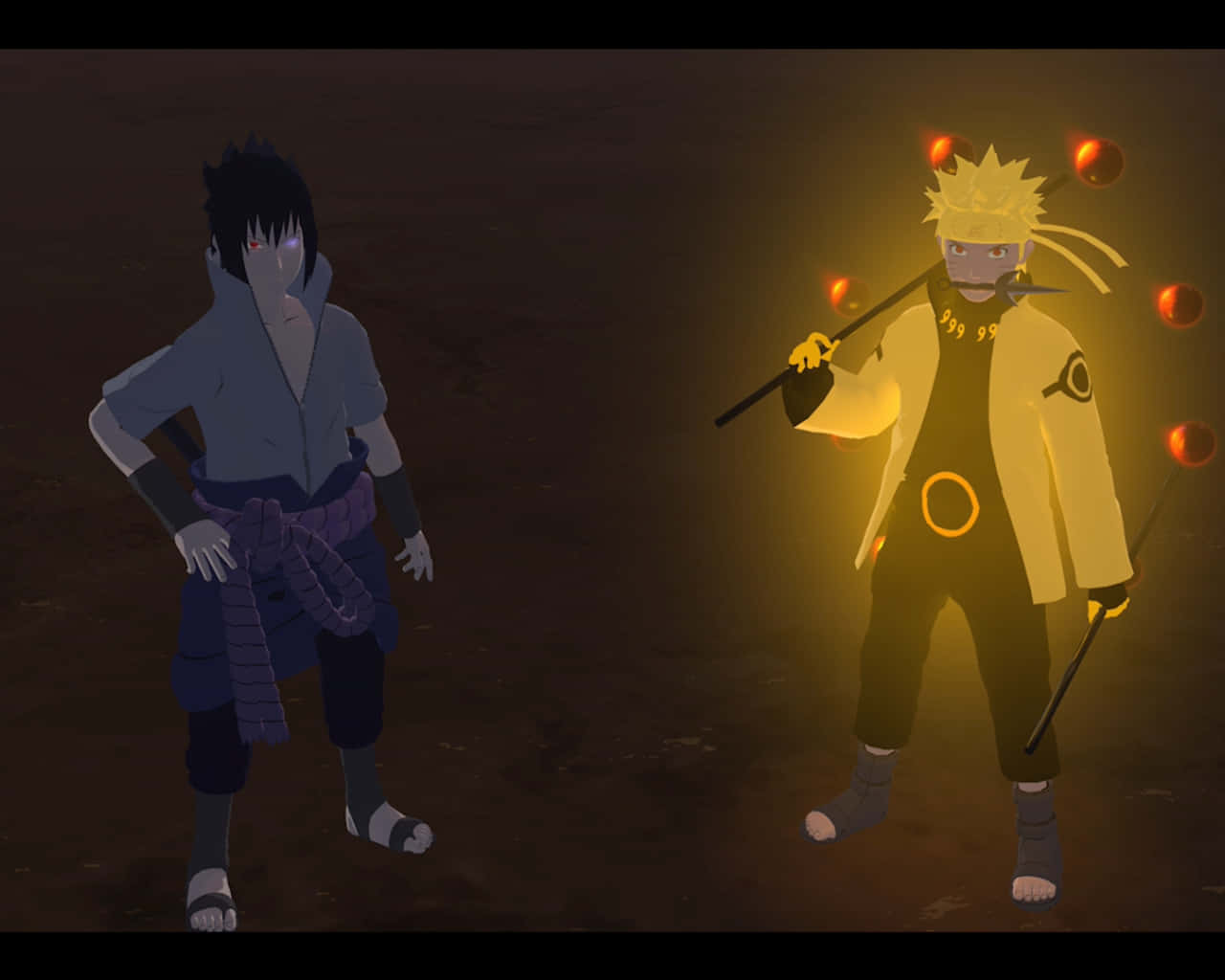 兩個動漫忍者角色處於戰鬥姿態，其中一個閃爍著能量球體。 — Sasuke 壁紙