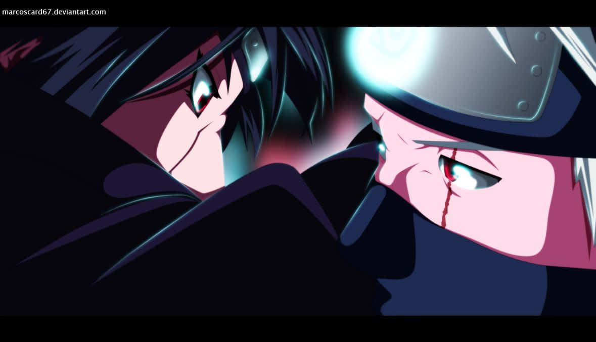 Kakashi And Itachi 桌布 壁紙 — 兩個動漫角色在戲劇性燈光下，以發光的眼睛和其中一人臉上的血跡，在緊張的特寫中對峙。