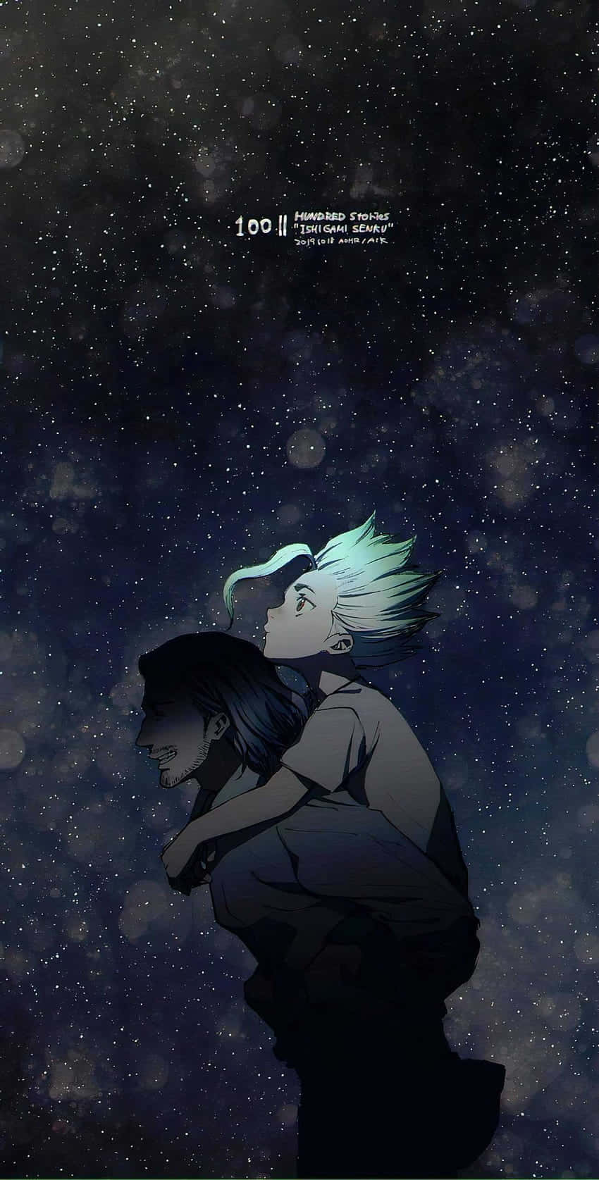 壁紙 — 兩個動漫角色仰望星空，藍色發光的頭髮在宇宙黑暗中閃爍。