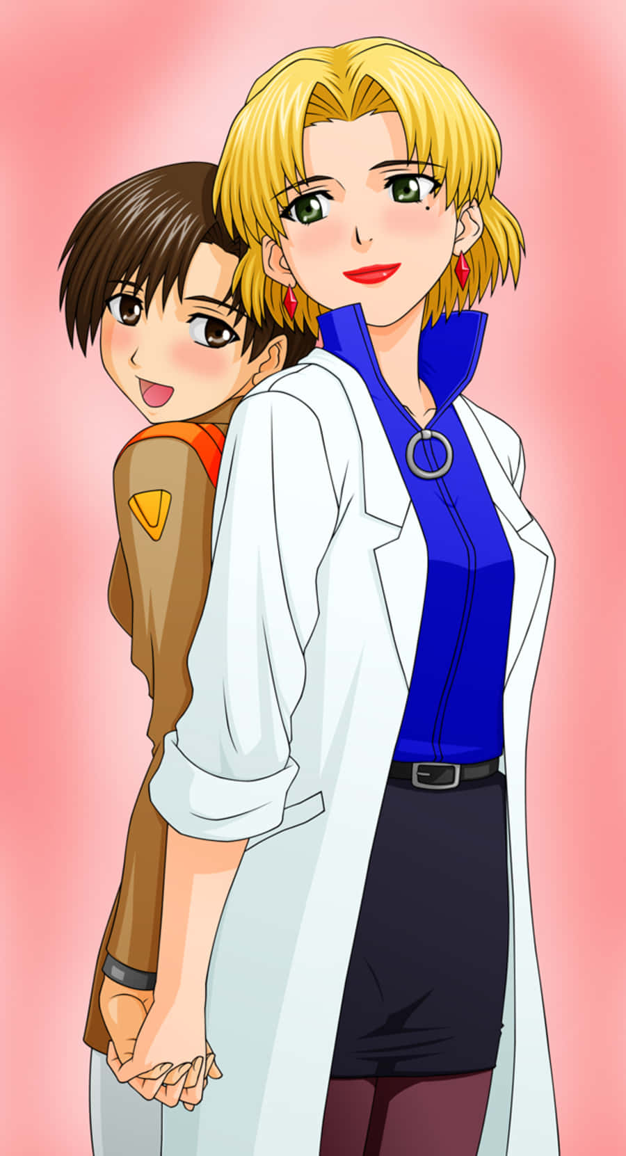 Maya Ibuki 桌布 壁紙 — 兩個動漫角色在柔和的粉紅色漸變背景前牽手，一個金髮穿白色外套，另一個棕色頭髮從後面探出頭來。
