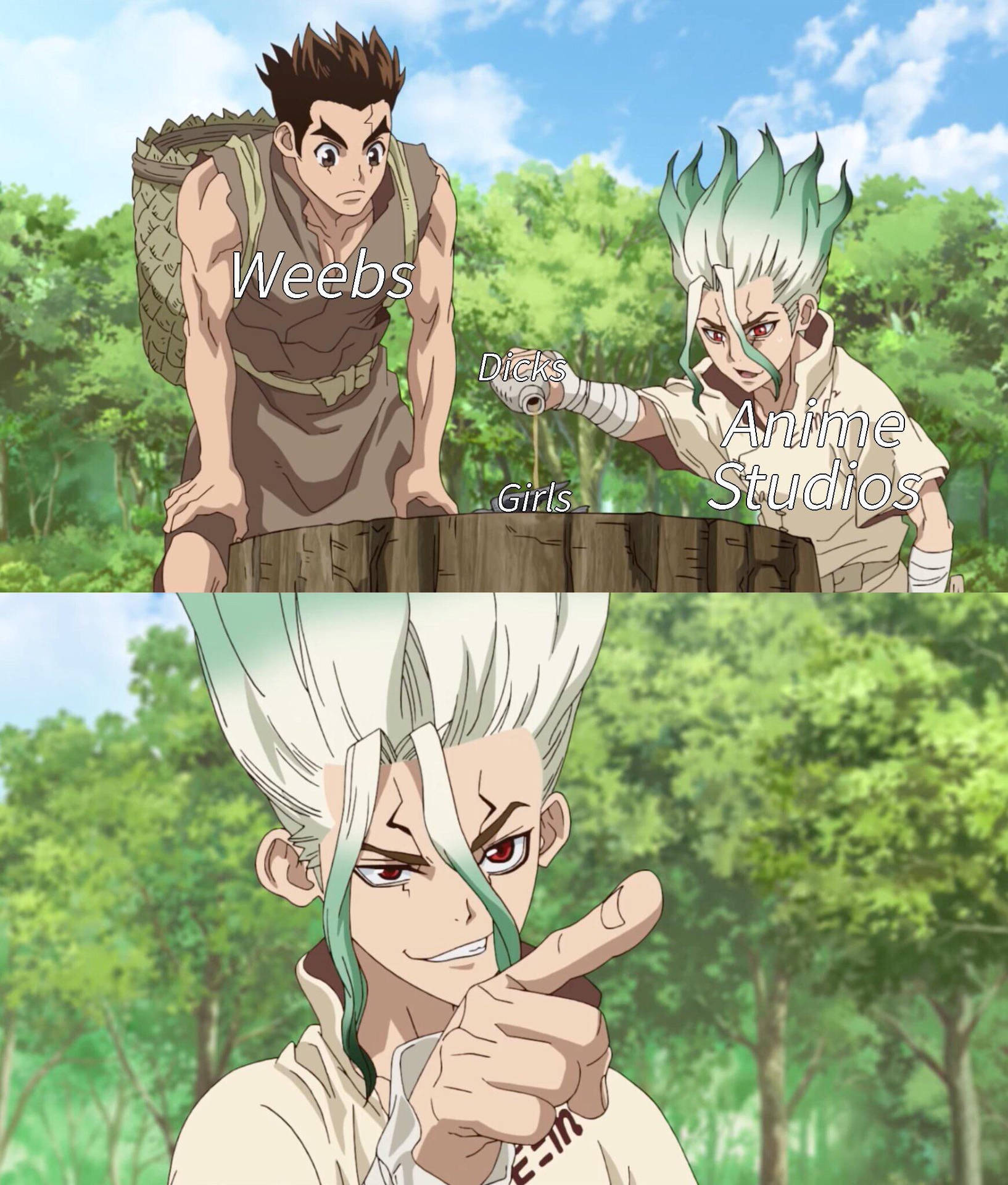 兩個動漫角色在森林中，帶有文字覆蓋層，互相指向對方。 — Meme 壁紙