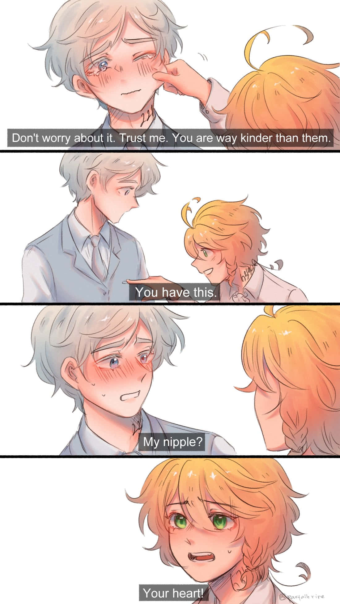 The Promised Neverland Norman 桌布 壁紙 — 兩個動漫角色在溫柔的漫畫格中，以柔和的粉彩陰影交換安慰的話語和臉紅。