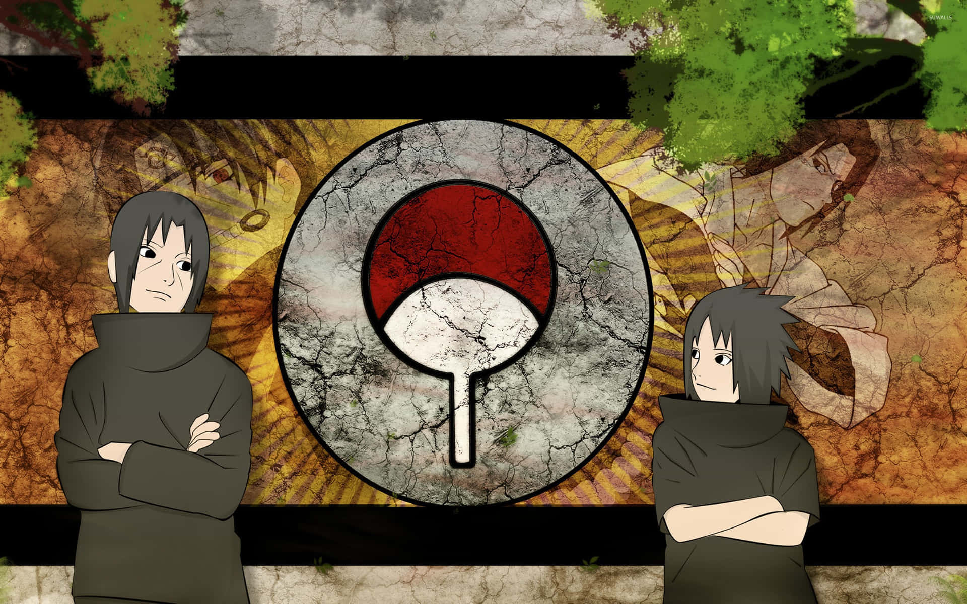 兩個動漫忍者角色夾著一個裂開的寫輪眼符號。 — Sasuke 壁紙