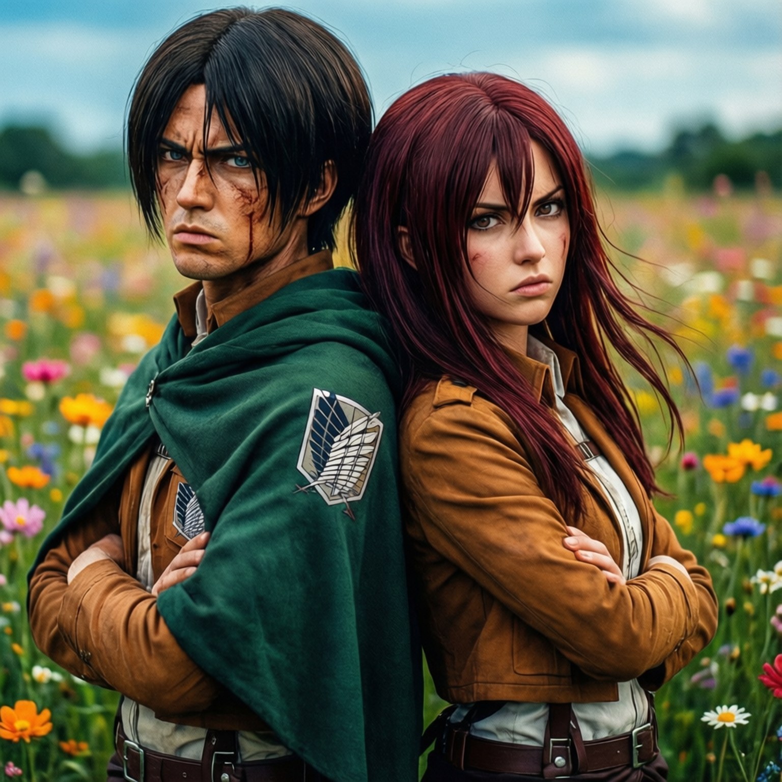 Eren and Historia Back to Back 壁紙 — 兩個動漫角色穿著軍服，在陰天下一片色彩繽紛的野花田中背對背站立。