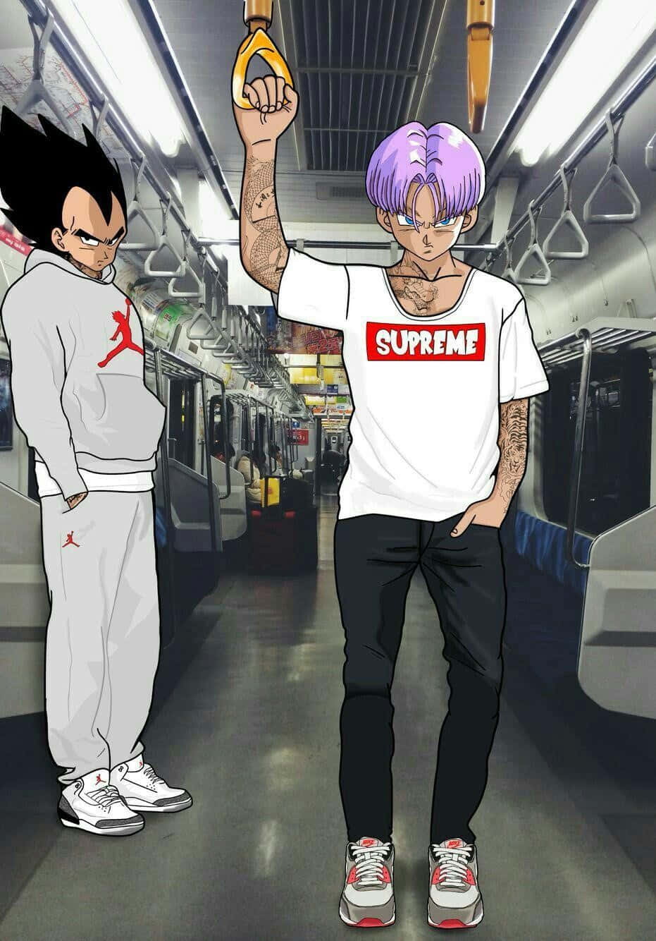  壁紙 — 兩個穿著現代街頭服飾的動漫角色站在地鐵車廂內，一個抓著扶手，另一個穿著灰色運動服。