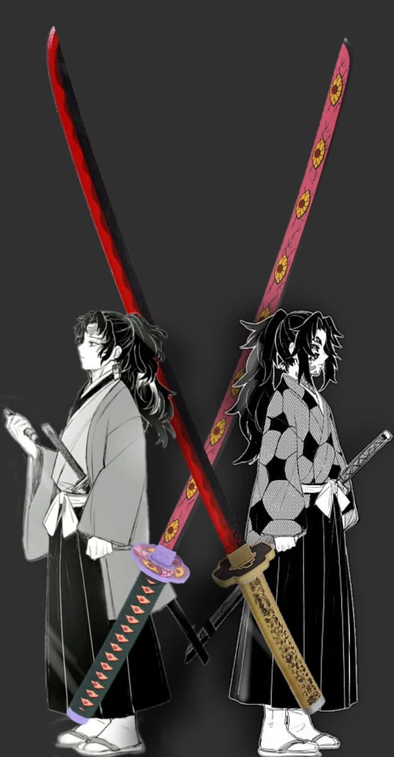  壁紙 — 兩個穿著傳統服飾的動漫角色，手持華麗的劍交叉站立在深色背景前。