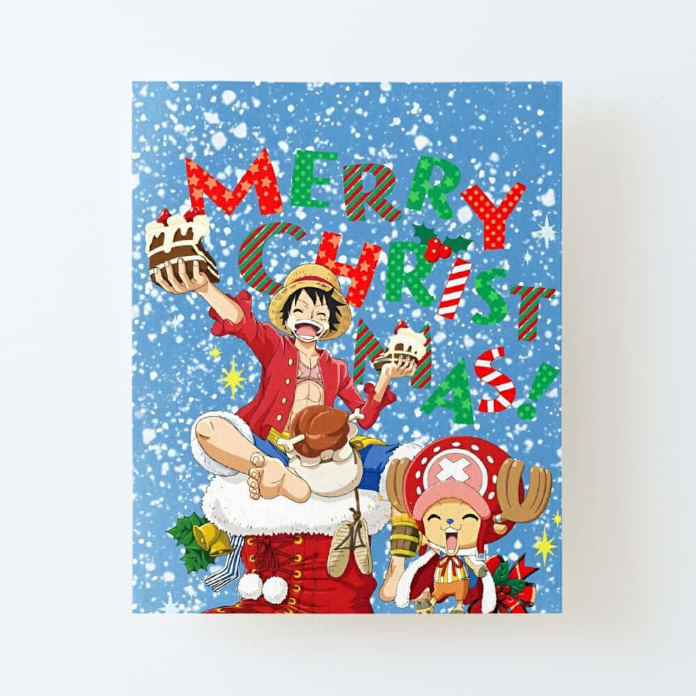  壁紙 — 兩個動漫角色在雪景中快樂地慶祝聖誕節，在節日「聖誕快樂」橫幅下拿著蛋糕。