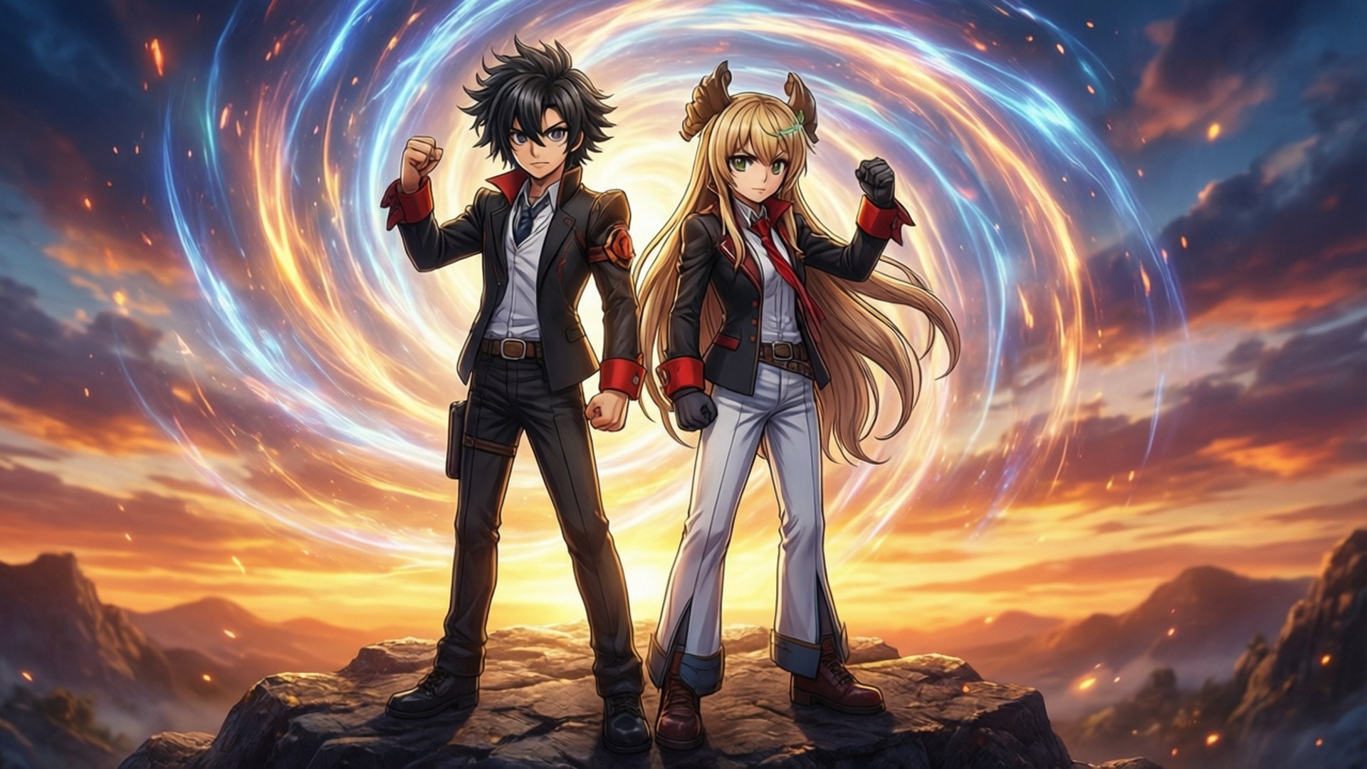 Simon and Nia Epic Sunrise 壁紙 — 兩個動漫角色挑釁地站在岩石山峰上，身後旋轉的藍色和橙色能量漩渦在熾熱的日落天空背景下爆發。