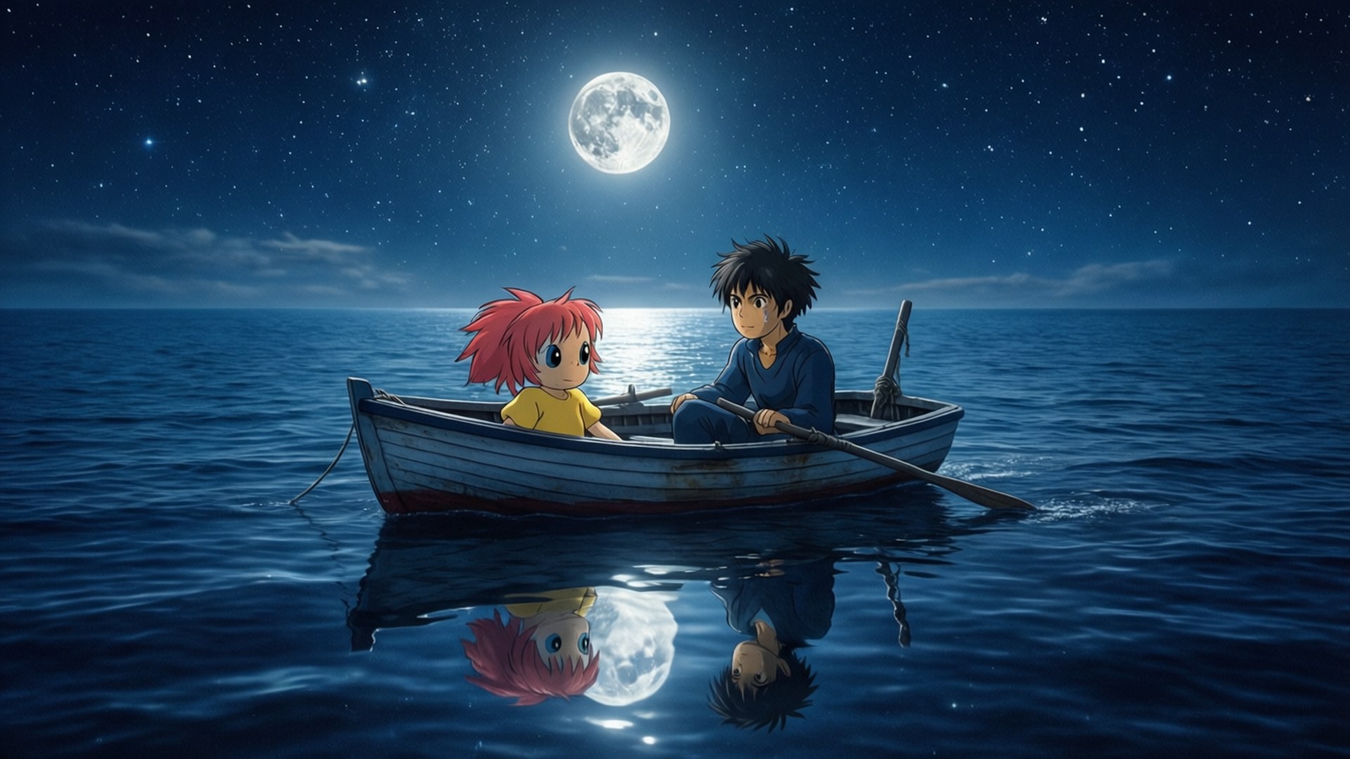 Moonlit Boat Ride 壁紙 — 兩個動漫角色坐在一艘小船上，在平靜的海面上，明亮的滿月和繁星點點的夜空下。