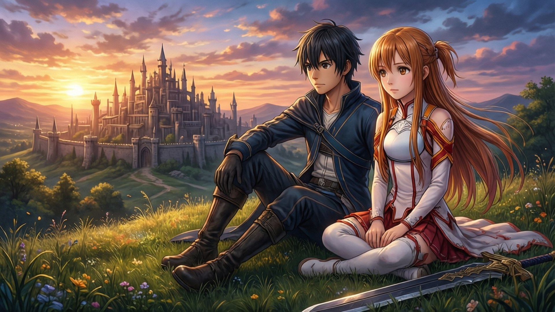 Kirito and Asuna's Peaceful Moment 壁紙 — 兩個動漫角色坐在夕陽下的草地上，背景是一座雄偉的城堡。