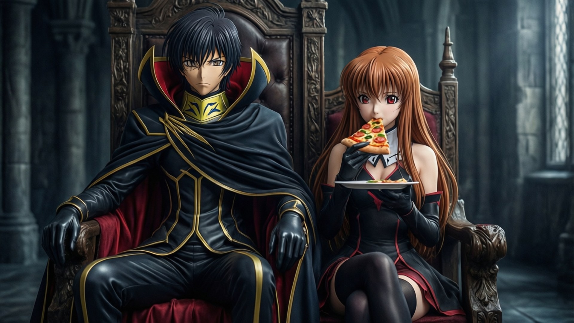 Lelouch and C.C. Pizza Moment 壁紙 — 兩個動漫角色坐在哥德式大廳的華麗王座上，一個莊嚴地穿著黑色和金色，另一個吃著披薩，紅髮。