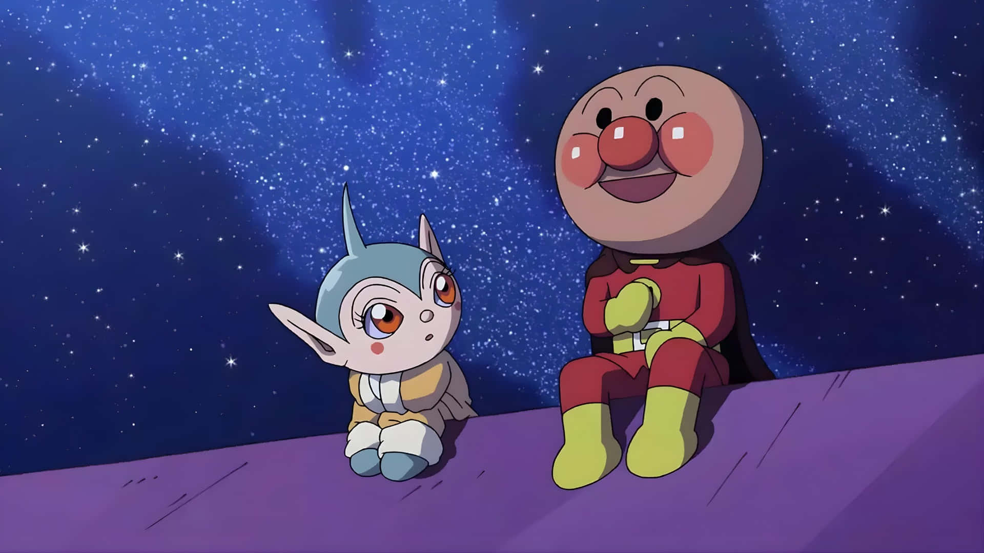  壁紙 — 兩個動漫角色並排坐在紫色表面上，頭頂是繁星點點的夜空。