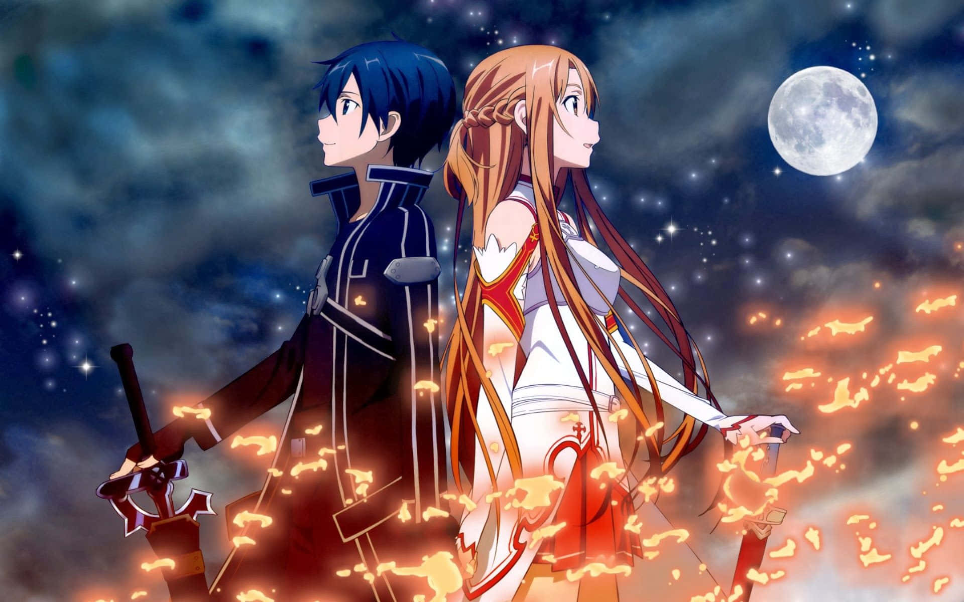 Yuuki Asuna 桌布 壁紙 — 兩個動漫角色背對背站在滿月和繁星閃爍的夜空下，周圍有火焰般的火花旋轉。
