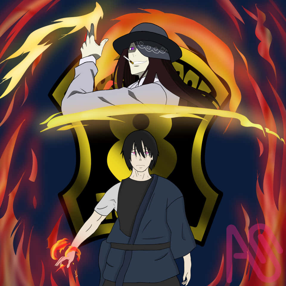 Fire Force Joker 桌布 壁紙 — 兩個動漫角色站在一個火焰標誌前，一個抽煙，另一個手持火焰，背景黑暗。