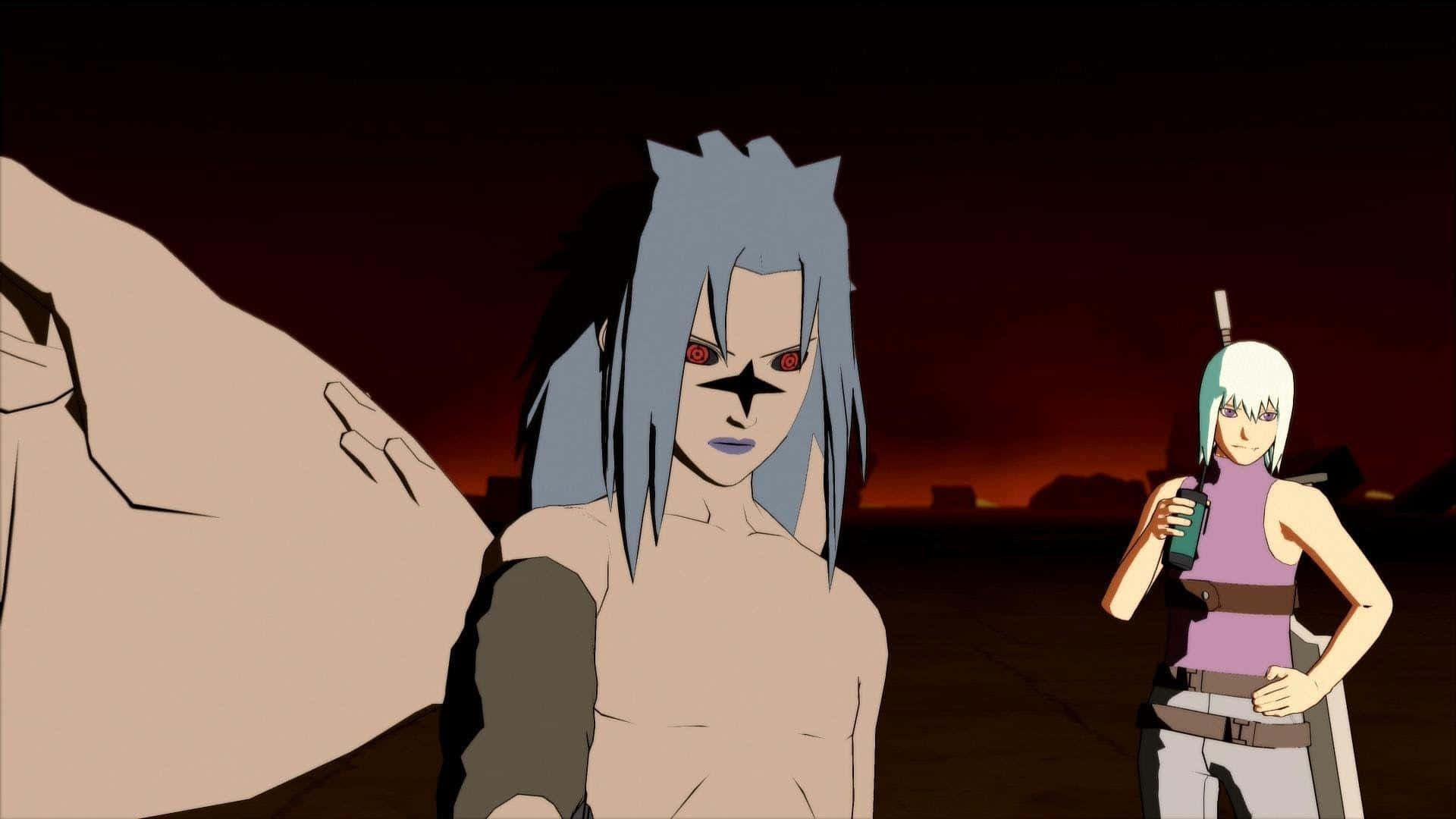 Sasuke Uchiha Cursed Mark 桌布 壁紙 — 兩個動漫角色站在荒涼的風景中，天空是火熱的橙色日落。