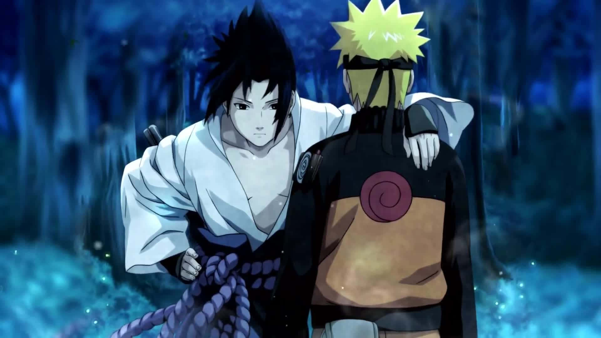 兩個動漫忍者朋友在夜晚發光的藍色森林中擁抱。 — Sasuke 壁紙