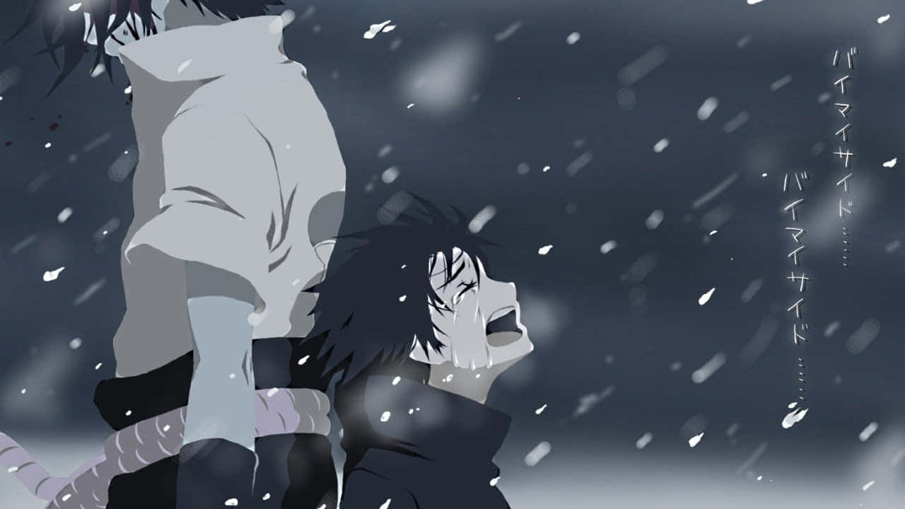 兩個動漫角色在雪夜中，一個在哭泣 — Sasuke 壁紙