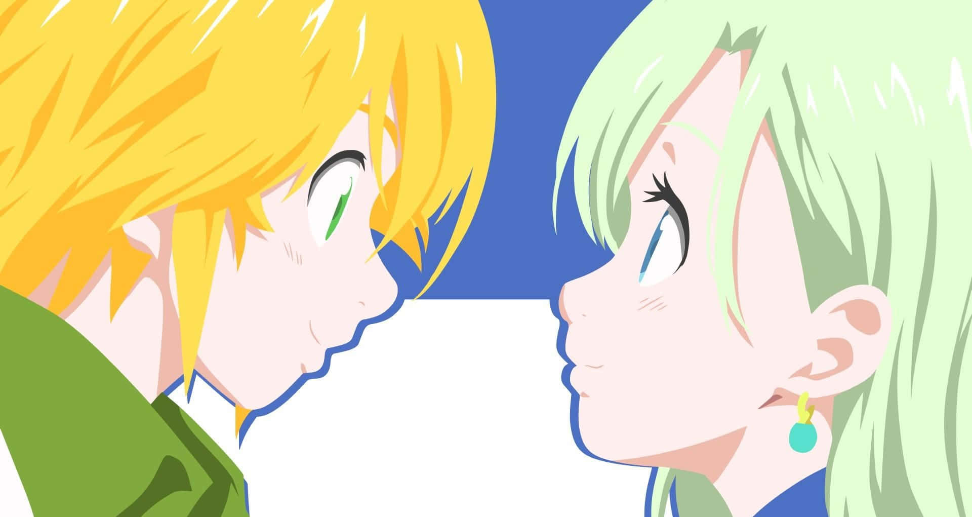 Seven Deadly Sins Elizabeth Liones 桌布 壁紙 — 兩個動漫角色，一個金髮一個綠髮，在藍白背景下以親密的側面輪廓相對。