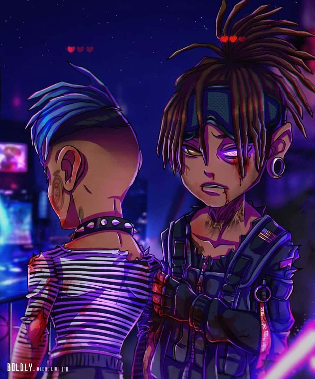 兩個穿著賽博龐克裝備的動漫角色在霓虹燈下。 — Xxxtentacion 壁紙