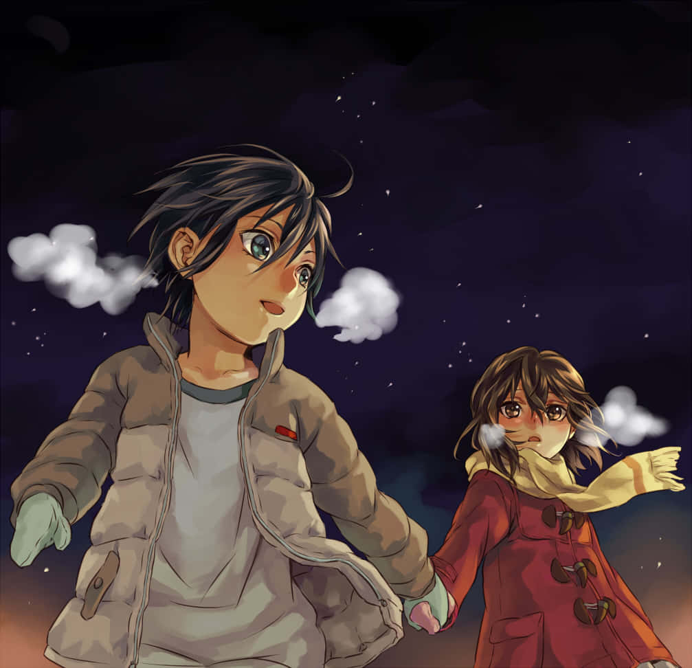 Satoru Fujinuma 桌布 壁紙 — 兩個動畫小孩在繁星點點的夜空下牽手，柔軟的雲朵飄過。