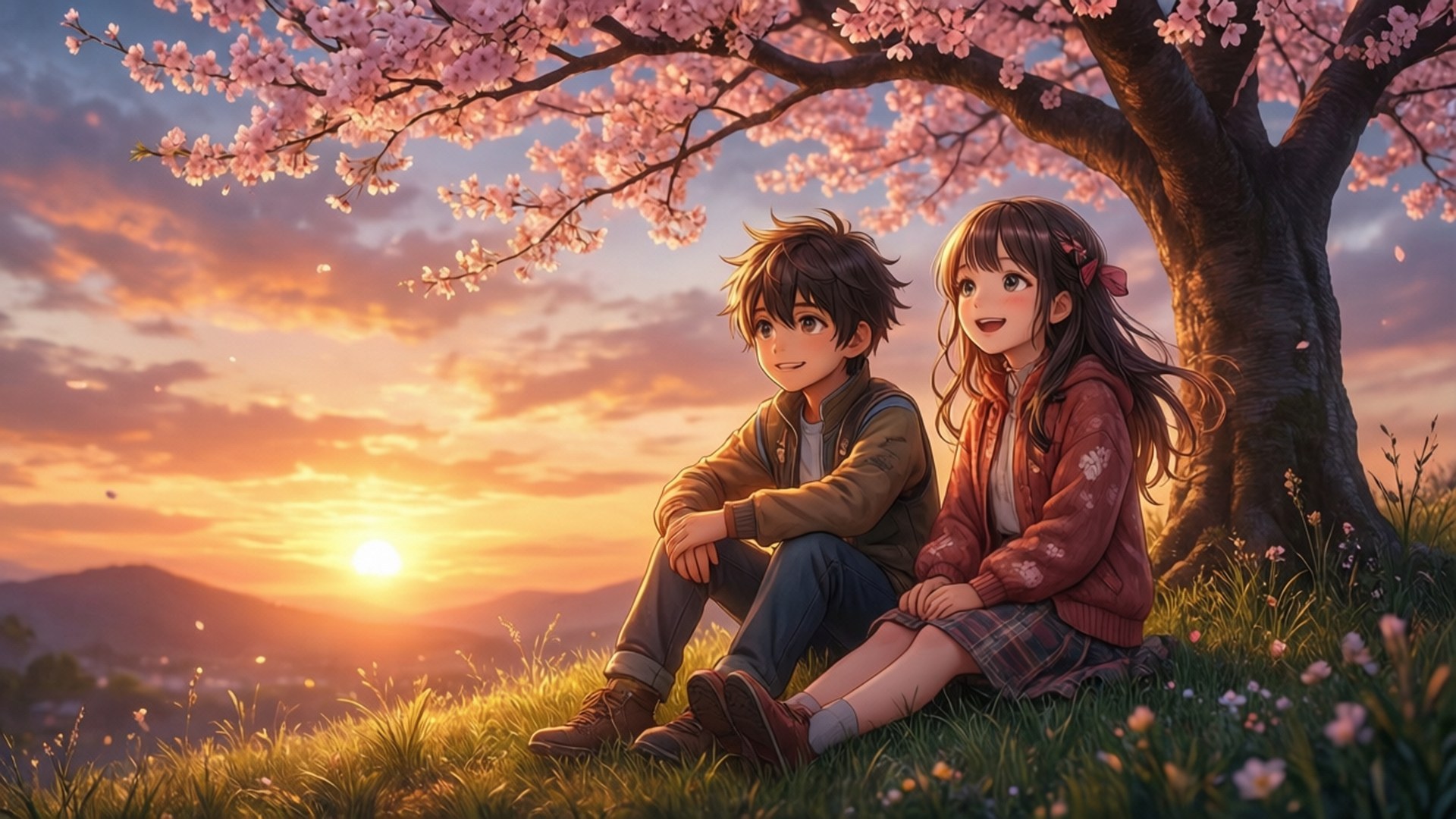 Cherry Blossom Sunset Kids 壁紙 — 兩個動畫小孩坐在櫻花樹下，夕陽在遠山後落下，灑下溫暖的金色光芒。