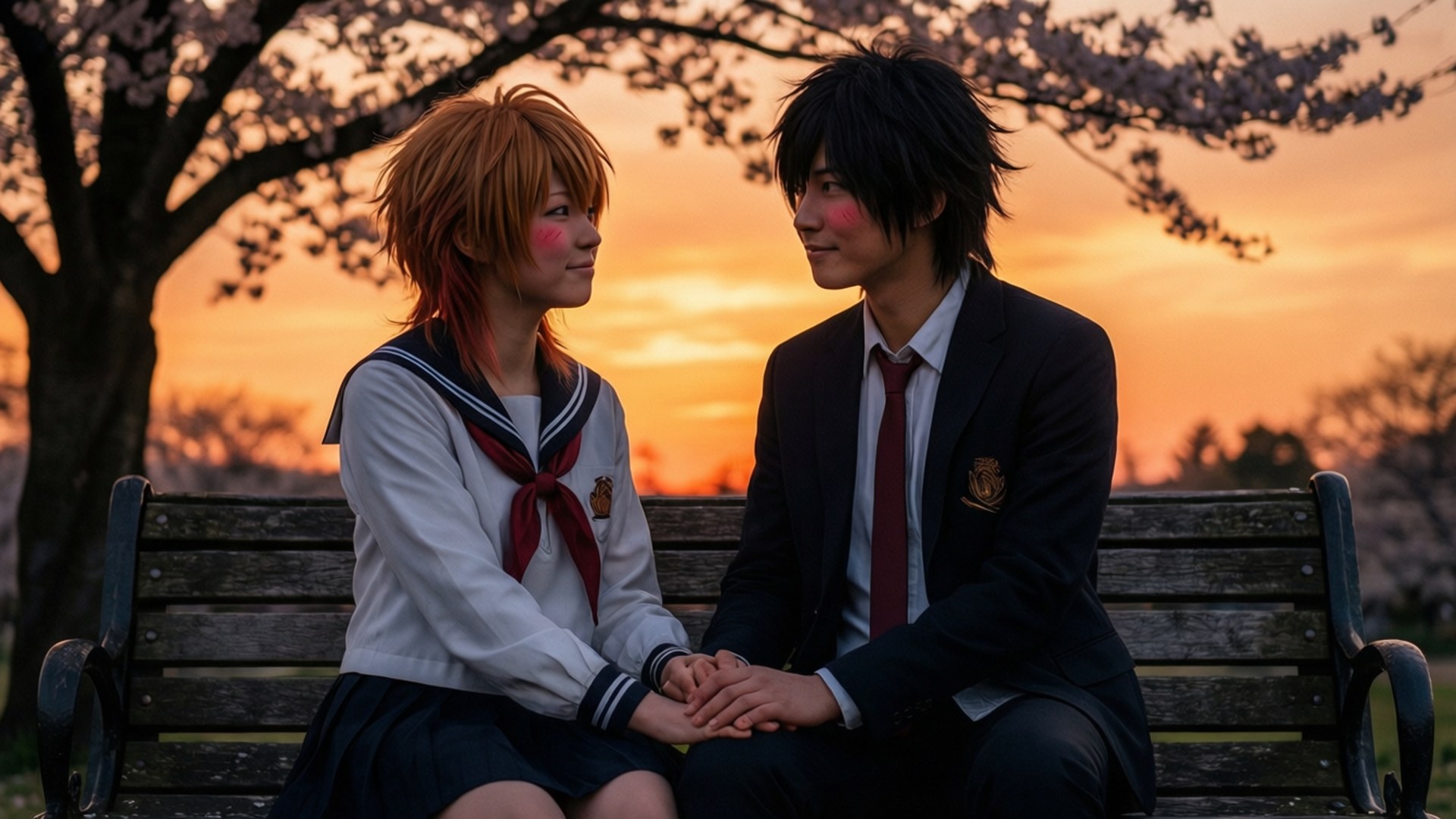 Sakura and Syaoran Sunset Romance 壁紙 — 兩個動漫角色扮演者穿著校服坐在櫻花下的長椅上，夕陽在他們身後落下。