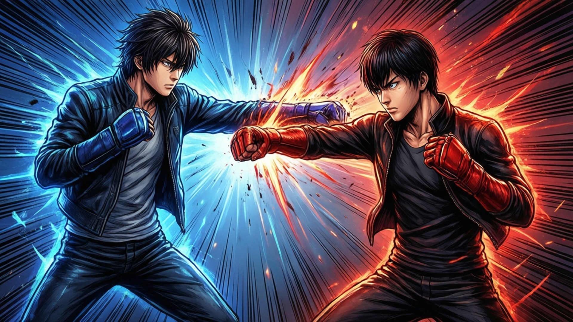 Clash of Rivals 壁紙 — 兩位動漫戰士在半空中拳頭相撞，爆炸性的藍色和紅色能量向外輻射，背景是動態的條紋。