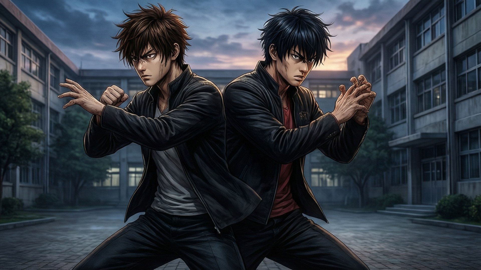 Back to Back Duel 壁紙 — 兩個動漫風格的戰士穿著黑色外套，在黃昏的學校庭院中以緊張的戰鬥姿勢背靠背站立。