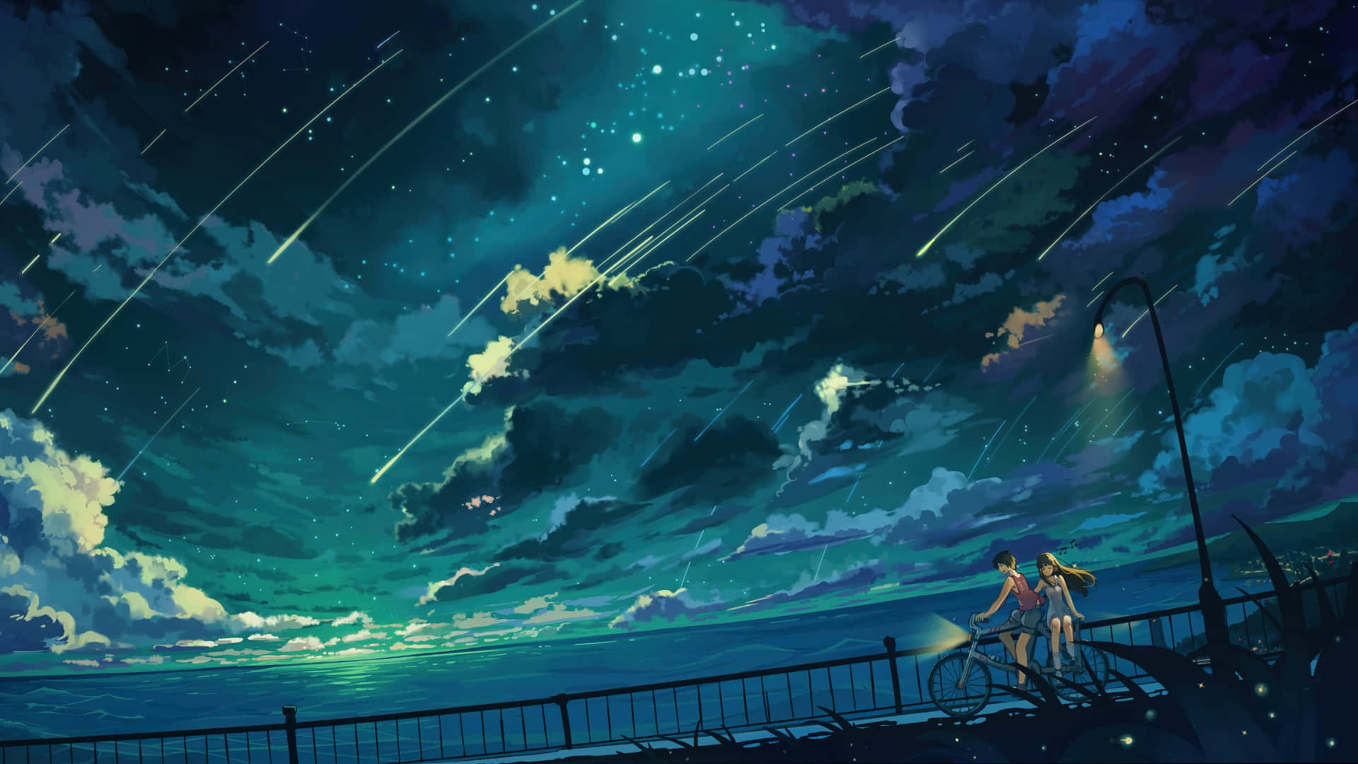  壁紙 — 兩個動漫人物站在海邊碼頭的腳踏車旁，夜空璀璨，流星劃過，雲朵發光。