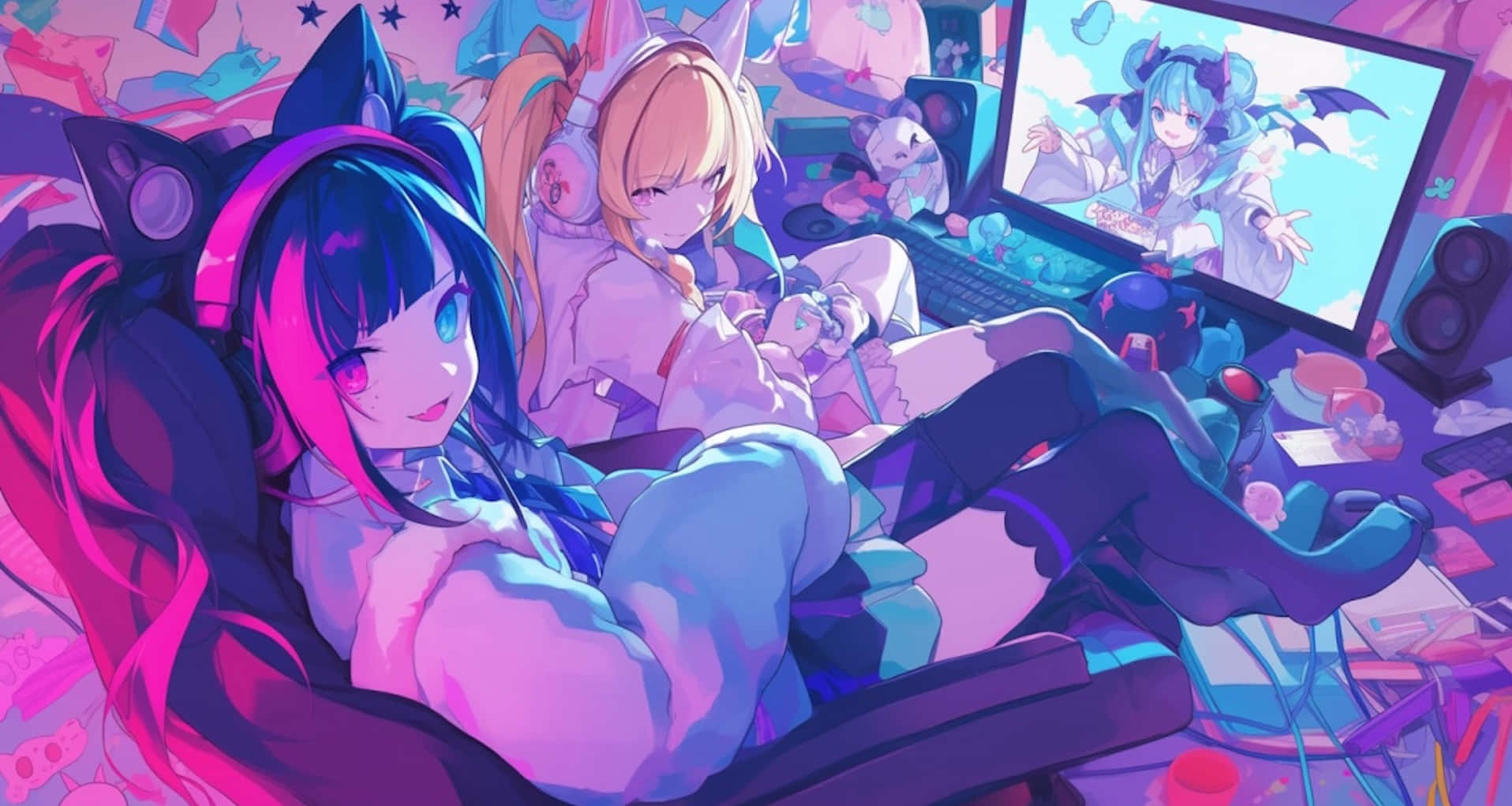 Needy Streamer Overload 桌布 壁紙 — 兩個戴貓耳的動漫女孩在霓虹燈光的遊戲房沙發上休息，有一個發光的顯示器。