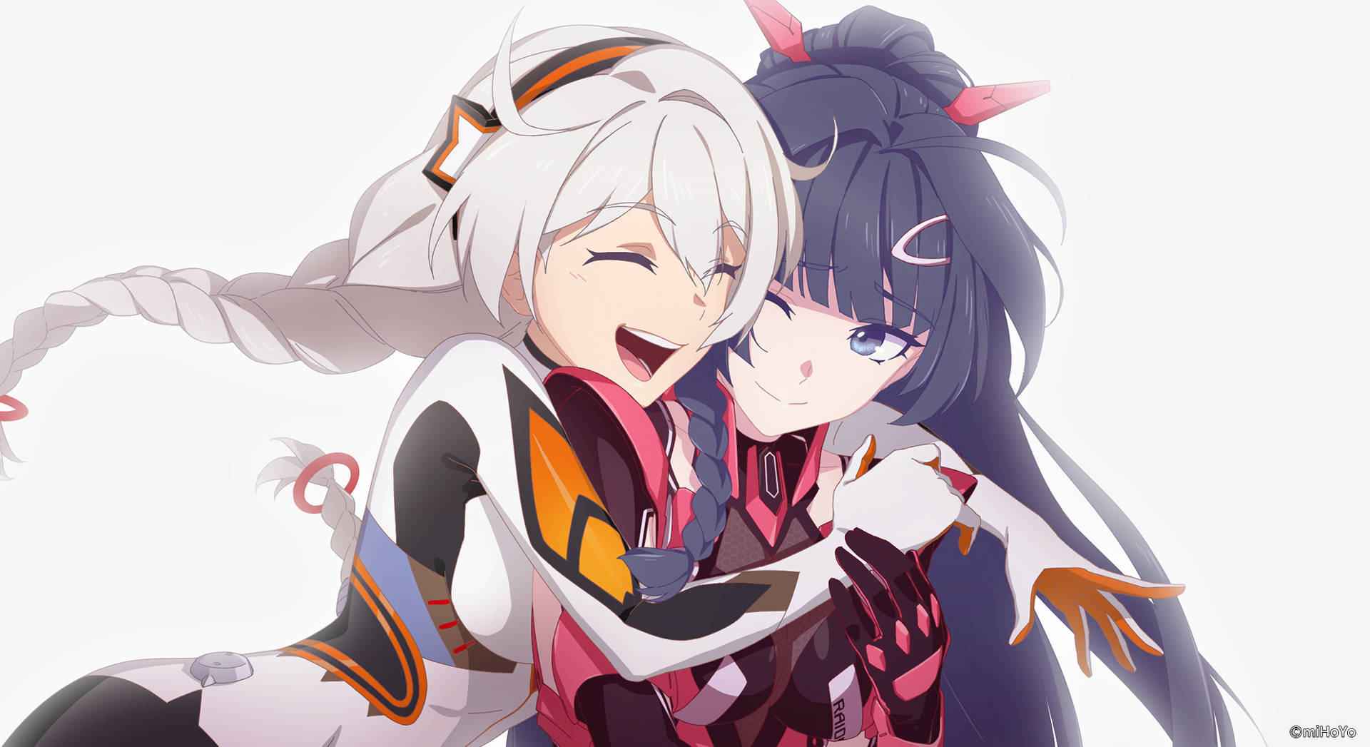 兩個穿著未來風格服裝的動漫女孩面帶燦爛笑容擁抱。 — 崩壞：星穹鐵道 壁紙