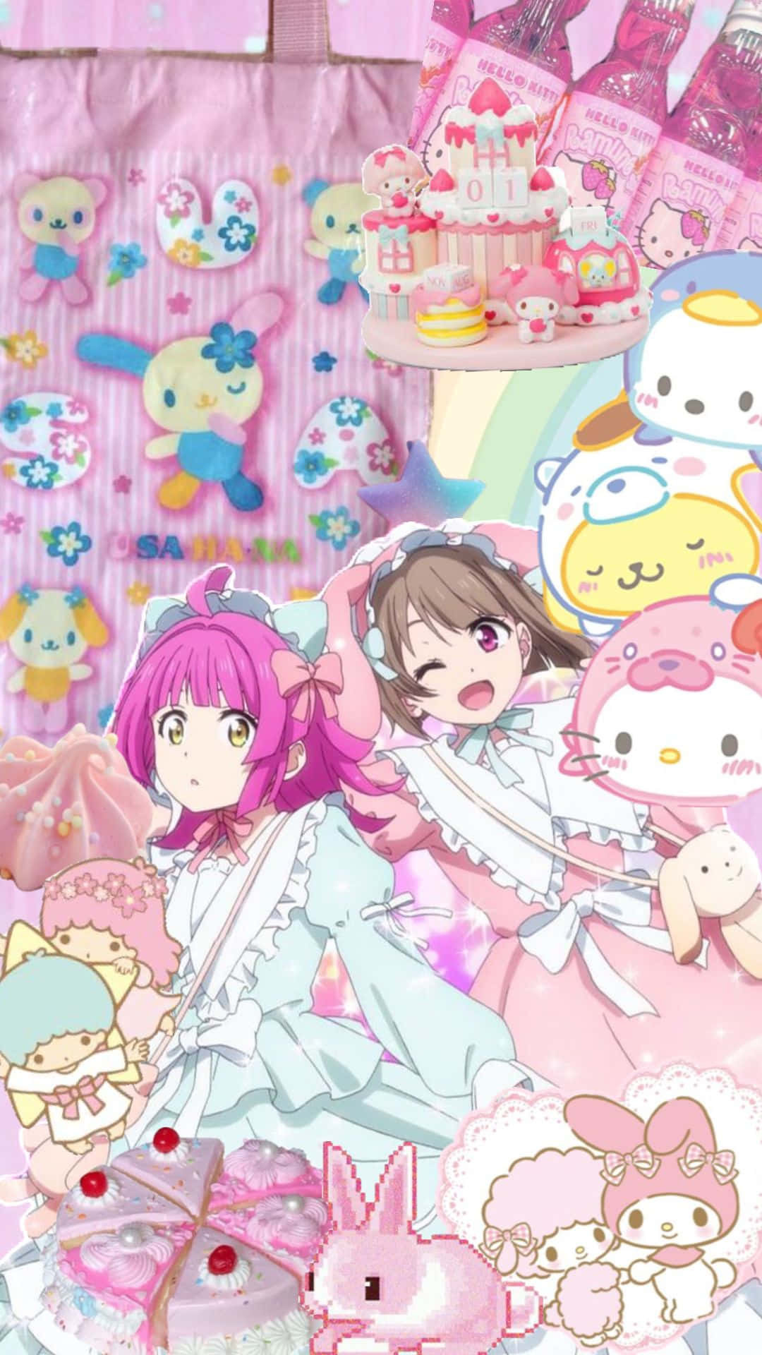  壁紙 — 兩個穿著粉紅色女僕裝的動漫女孩，被Hello Kitty和My Melody絨毛玩具、蛋糕和糖果包圍在粉彩粉紅色背景上。