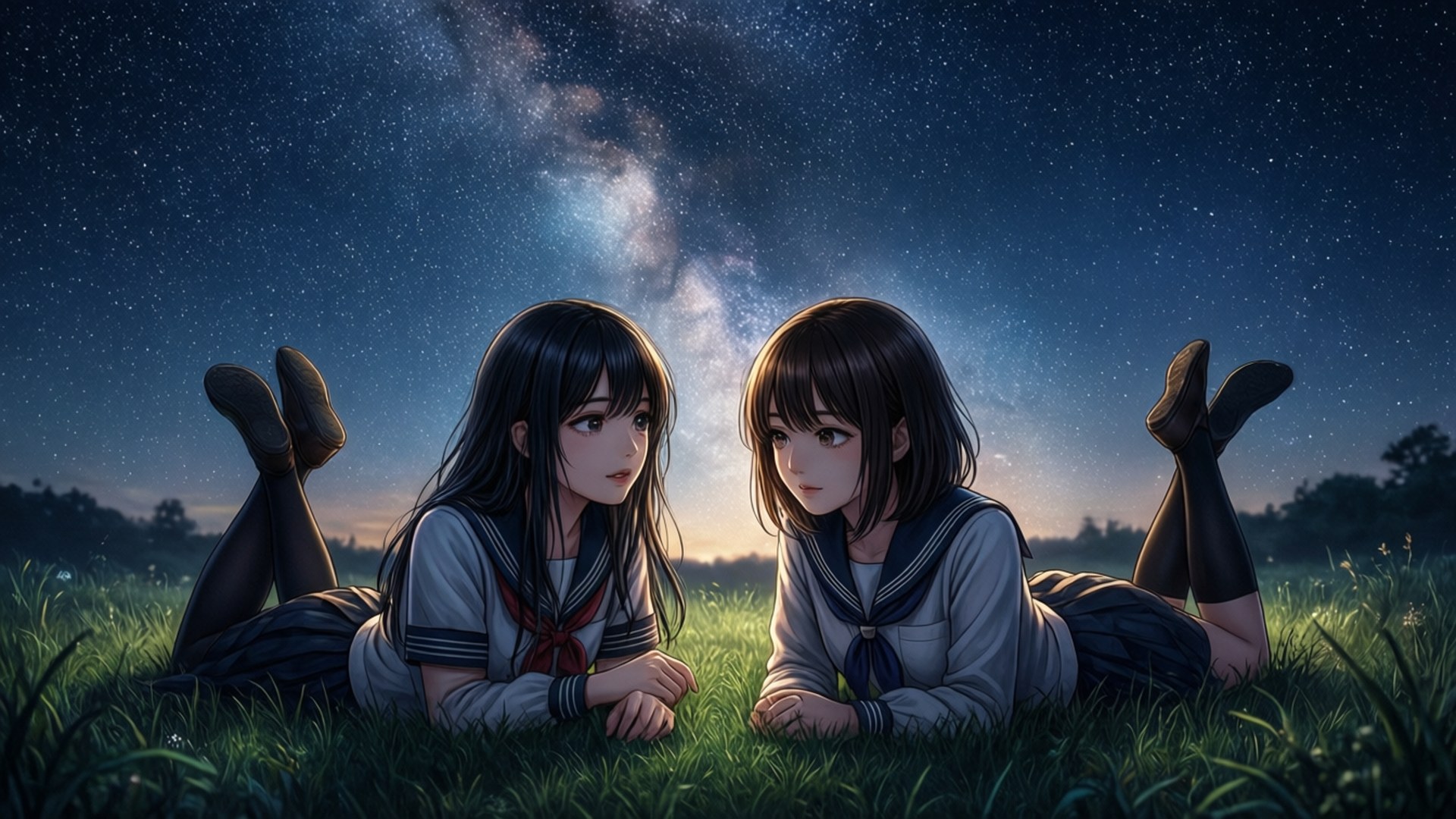 Stargazing Together 壁紙 — 兩個穿著水手服的動畫女孩躺在草地上，仰望銀河閃耀的星空。