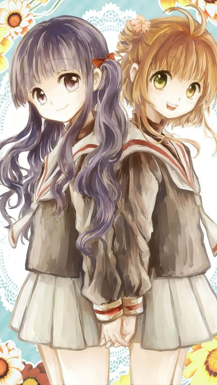  壁紙 — 兩個穿著校服的動漫女孩在花卉蕾絲背景和向日葵前牽手。