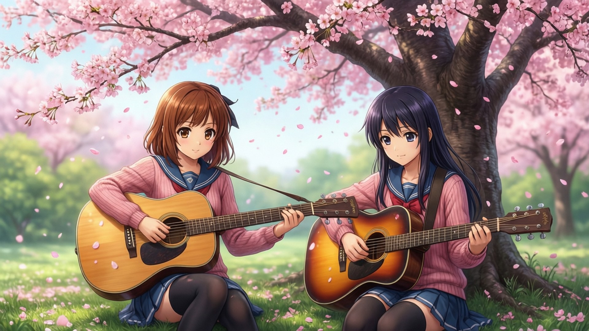 K-ON！輕音部 桌布 壁紙 — 兩名穿著校服的動畫女孩在盛開的櫻花樹下彈奏木吉他，粉紅色的花瓣飄落下來。