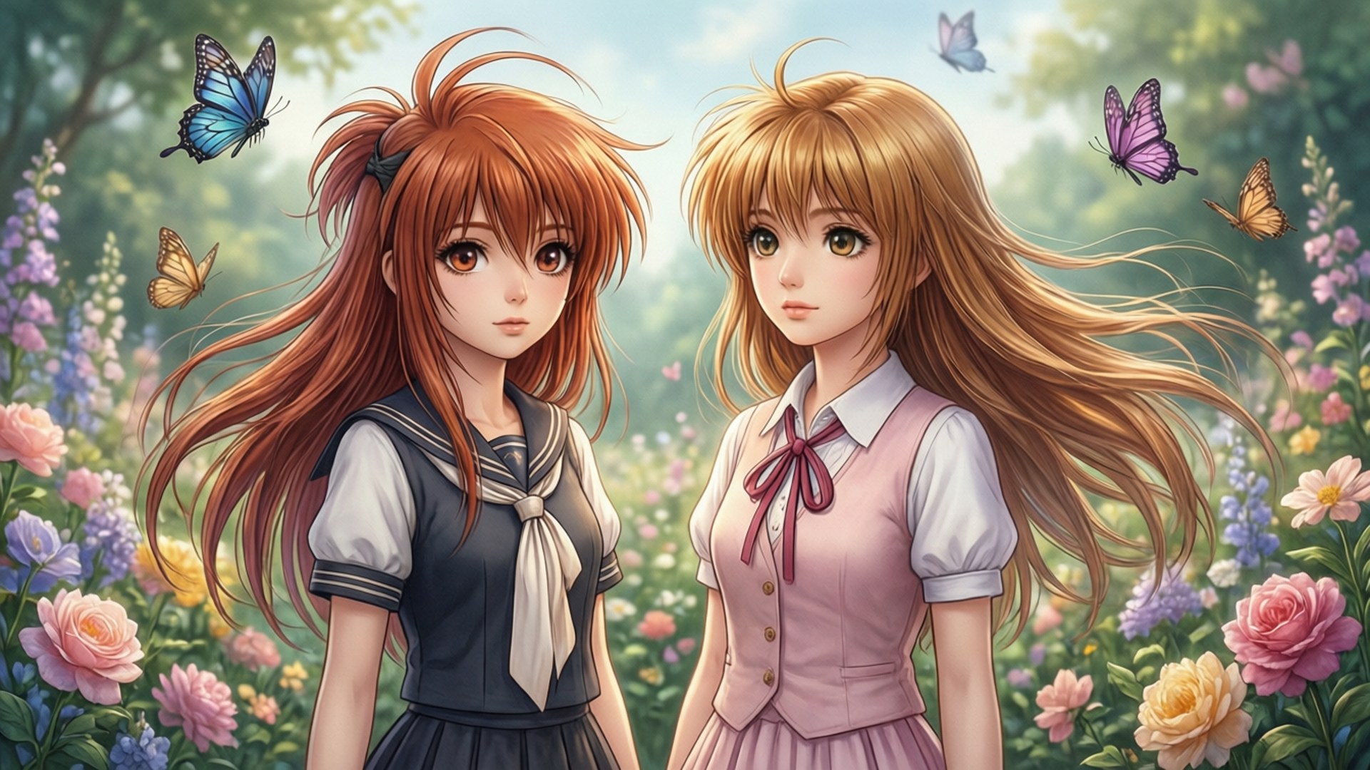 Butterfly Garden Twins 壁紙 — 兩個穿著校服的動漫女孩站在充滿蝴蝶和盛開花朵的充滿活力的花園中。