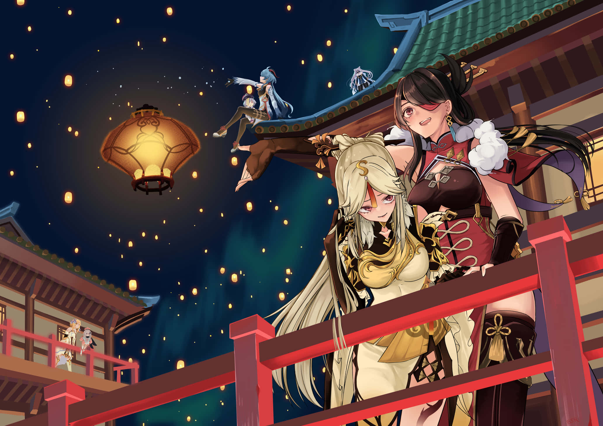 Genshin Impact Ningguang 桌布 壁紙 — 兩個穿著華麗服裝的動漫女孩站在紅橋上，夜空下充滿發光的燈籠和漂浮的靈魂，靠近傳統建築。